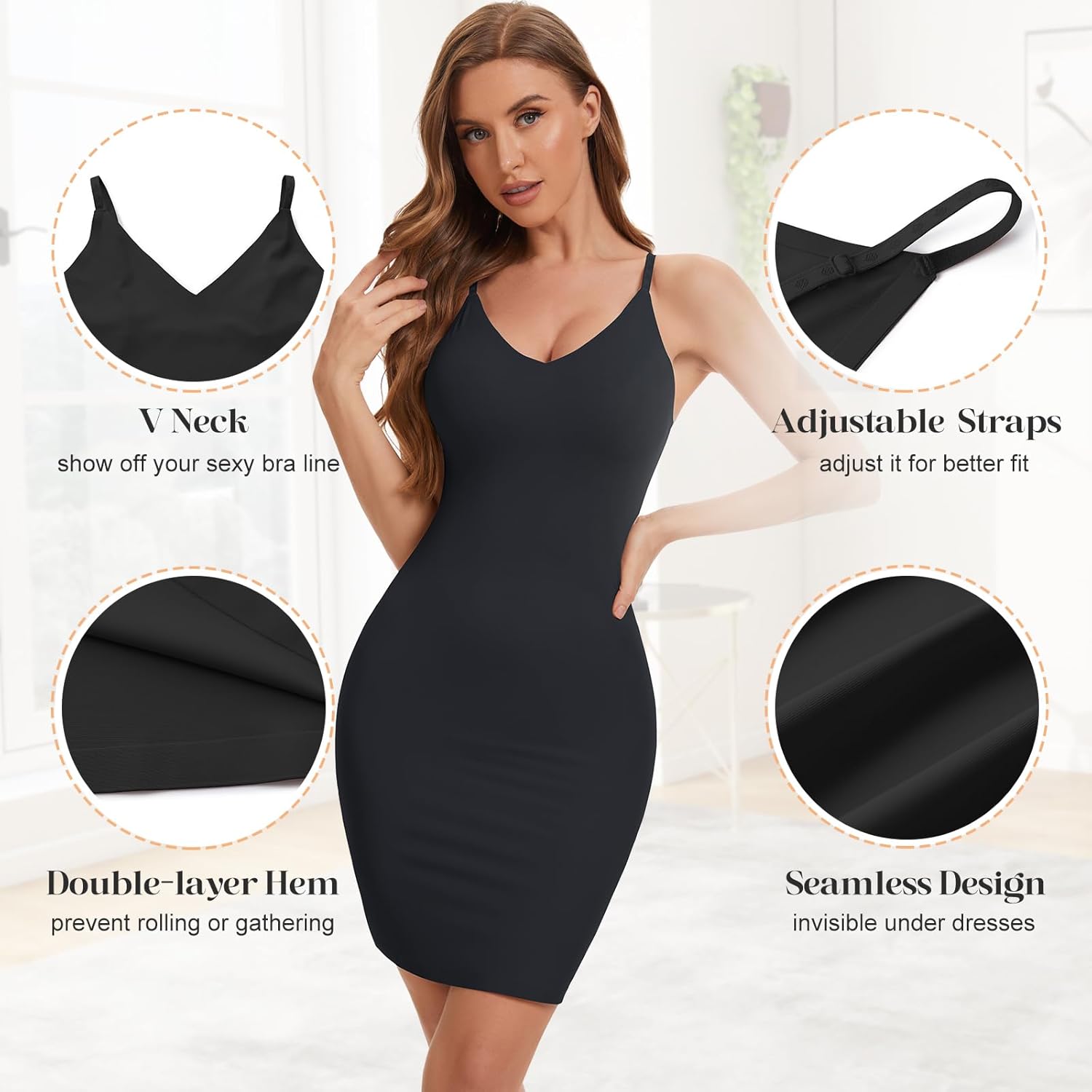 Shapewear Slip Dress for Women Under Dress V Neck Tummy Control Full Slip Seamless Body Shaper - Image 3