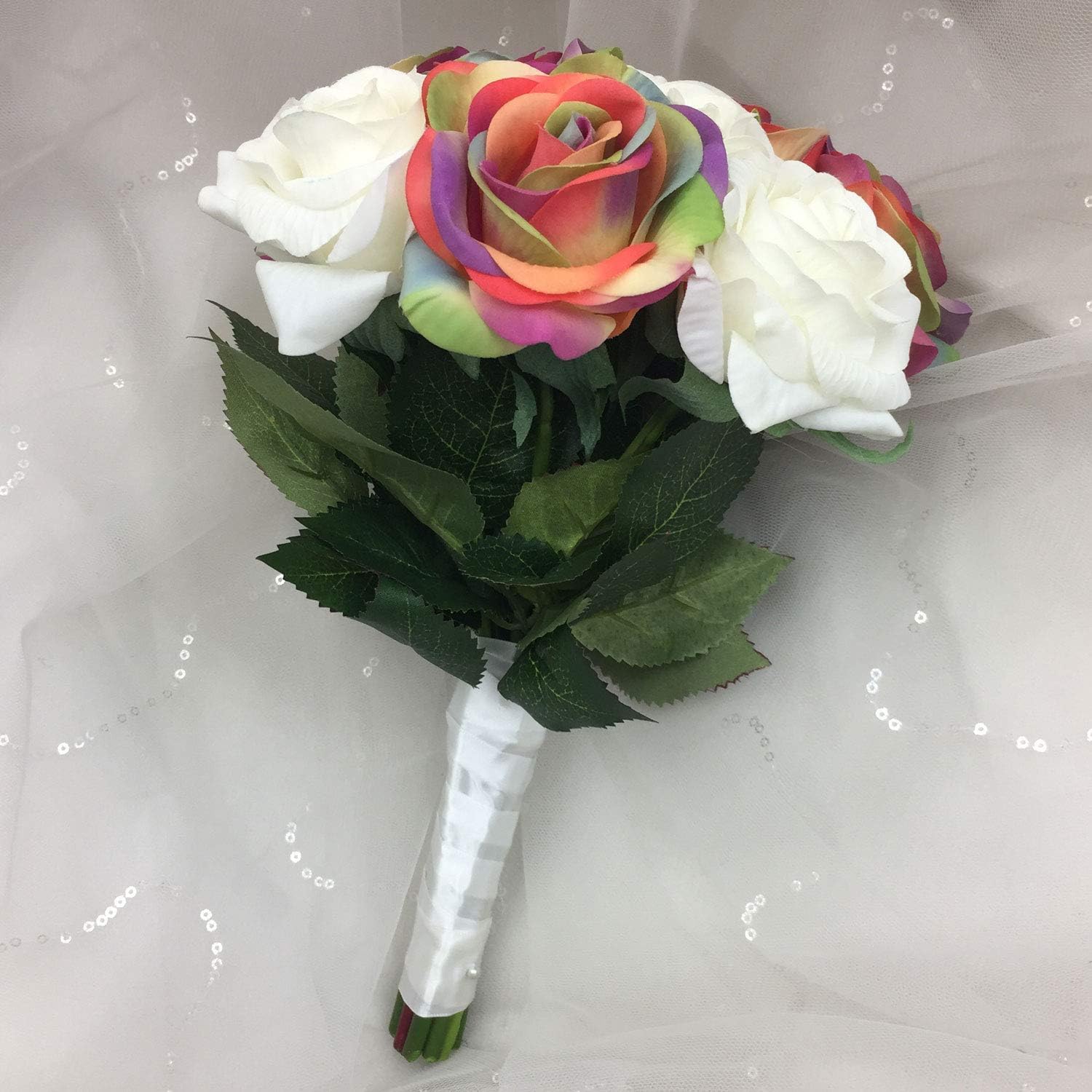 Artificial Mix Rainbow and Cream Roses Wedding Bouquet Boutonniere Set Real Touch (one Dozen Bouquet)