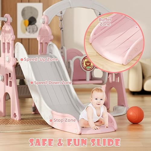 Miniatura 5 de KORIMEFA Juego de tobogán y columpio 4 en 1 para niños, tobogán para niños pequeños con aro de baloncesto, columpio, patio de juegos para interiores