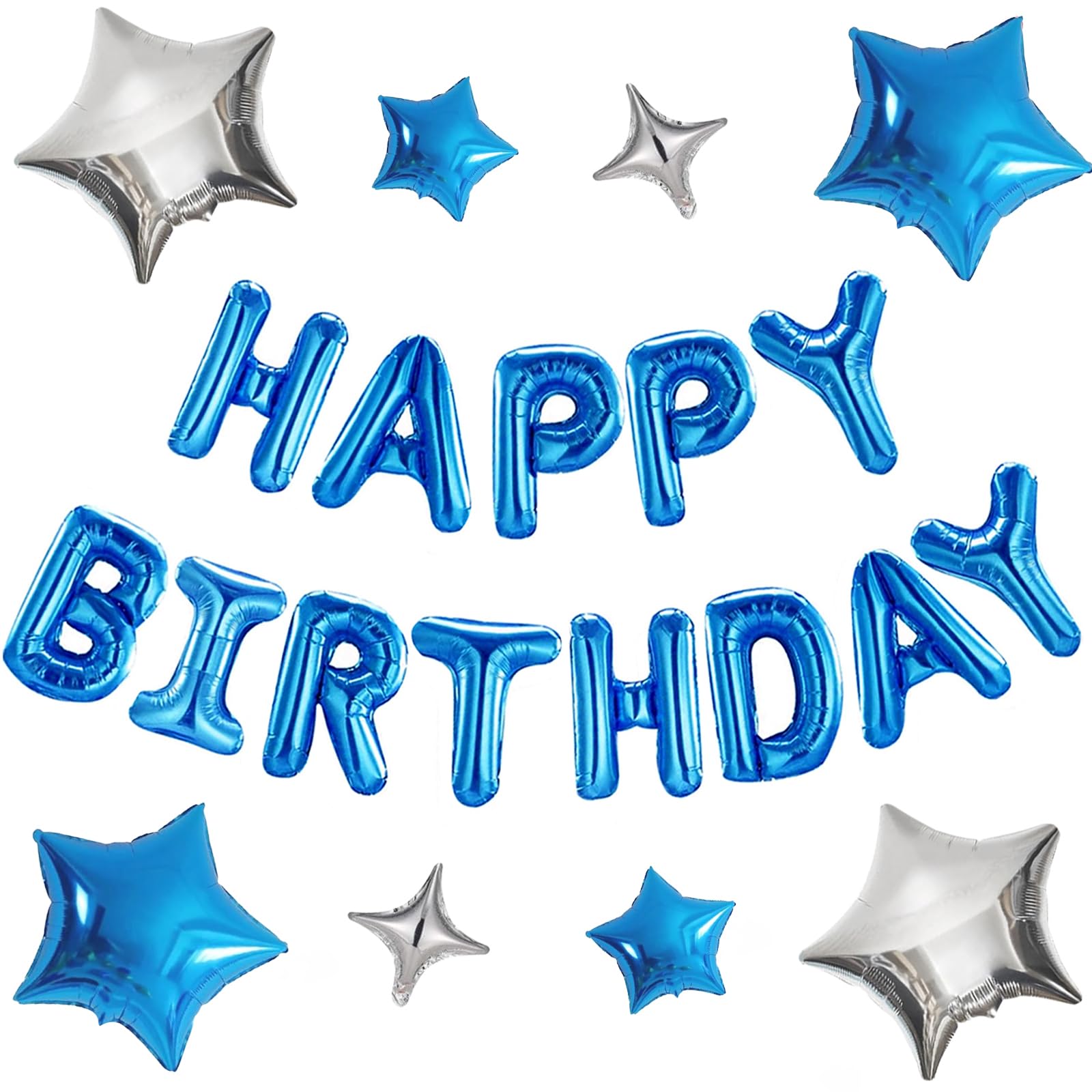 CANREVEL Happy Birthday Banner 13pcs 16 Inch Mylar Foil Letters Sign with 8pcs Star Balloons Birthday Party Decorations for Kids and Adults - 3D Blue