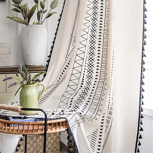 Deeprove - Cortinas bohemias de 96 pulgadas de largo, algodón blanco crema y lino con estampado bohemio, borlas negras, panel geométrico