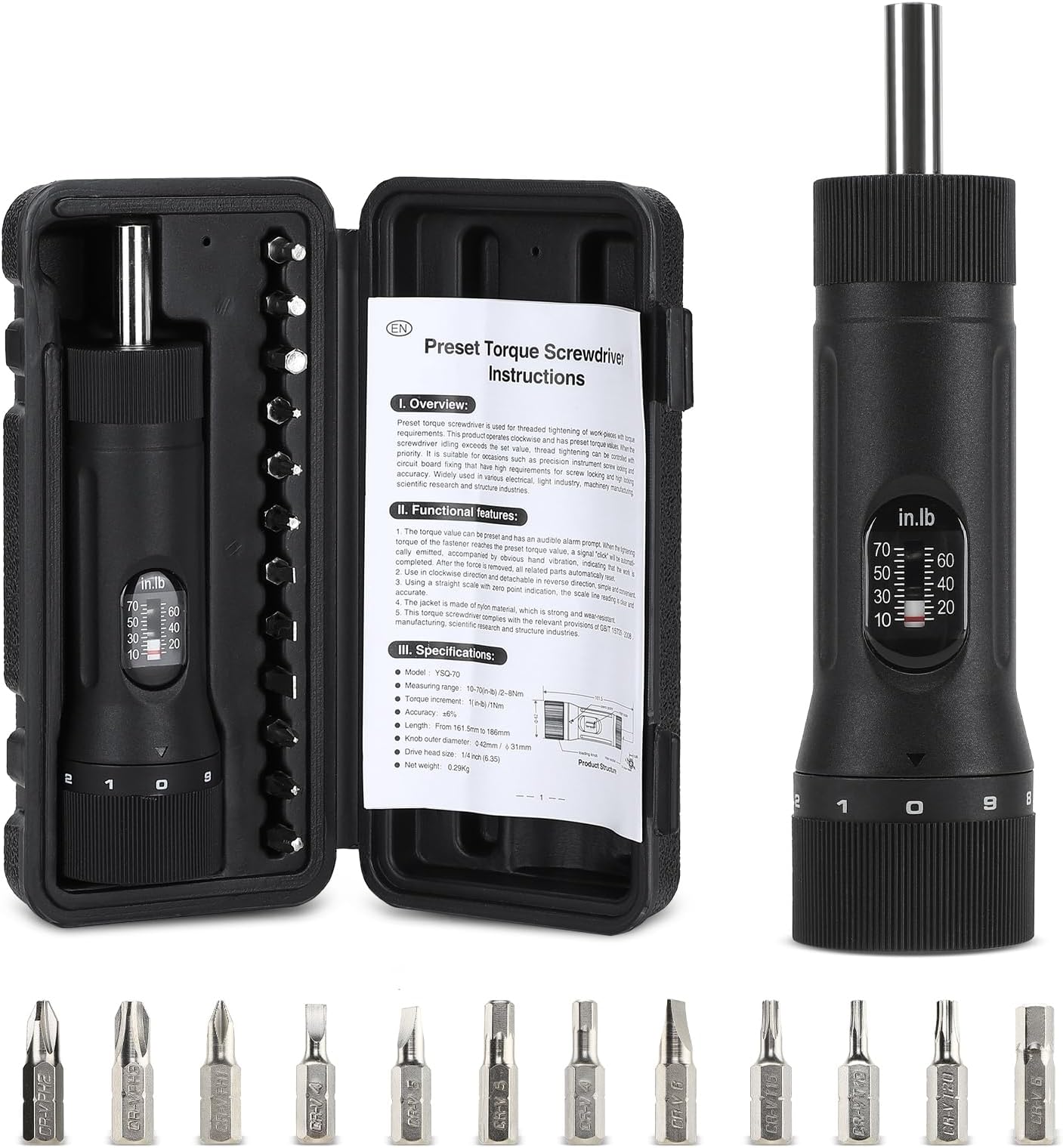 Preset Torque Screwdriver with 12 Pieces Interchangeable Bits, 1/4"" Drive Torque Screwdriver Wrench Set for Maintenance, Tools, Bike Repairing and Mounting (10-70 in-lb), Black