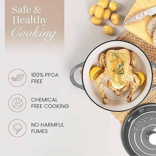 Miniatura 5 de Nuovva - Olla holandesa de hierro fundido con tapa  Cacerola esmaltada apta para horno hasta 500 F antiadherente  Utensilios de cocina resistentes