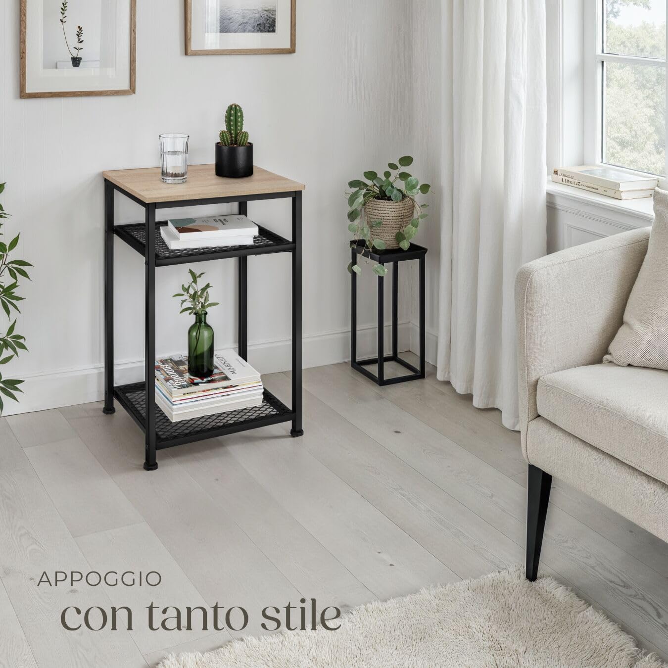 tectake® Tavolino salotto 45,5x36x75,5cm, Tavolino da divano, 3 Ripiani, Salotto, Soggiorno, Camera per Libri, Foto, PC, Piante e Bevande, Arredamento Casa, Ufficio - Legno Industriale Chiaro