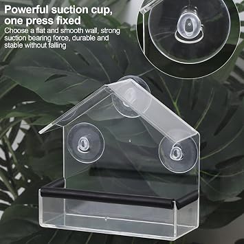 Shudyear Window Bird Feeder, Bird House for Outside with Rubber pad, Small Acrylic Window Bird Feeder with Strong Suction Cups and Drain Holes 6.2 * 2.4 * 6.2 in