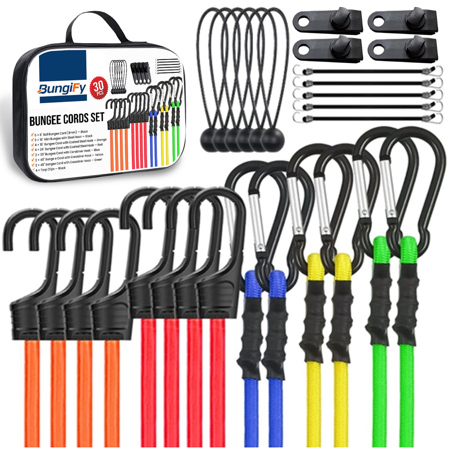 BungiFy Heavy Duty Bungee Cords with Hooks, 30-Pcs Bungee Cord Set – Multi-Length UV Resistant Double Braided Bungee Straps for Camping & Storage – Versatile Use – Durable & Weather-Resistant