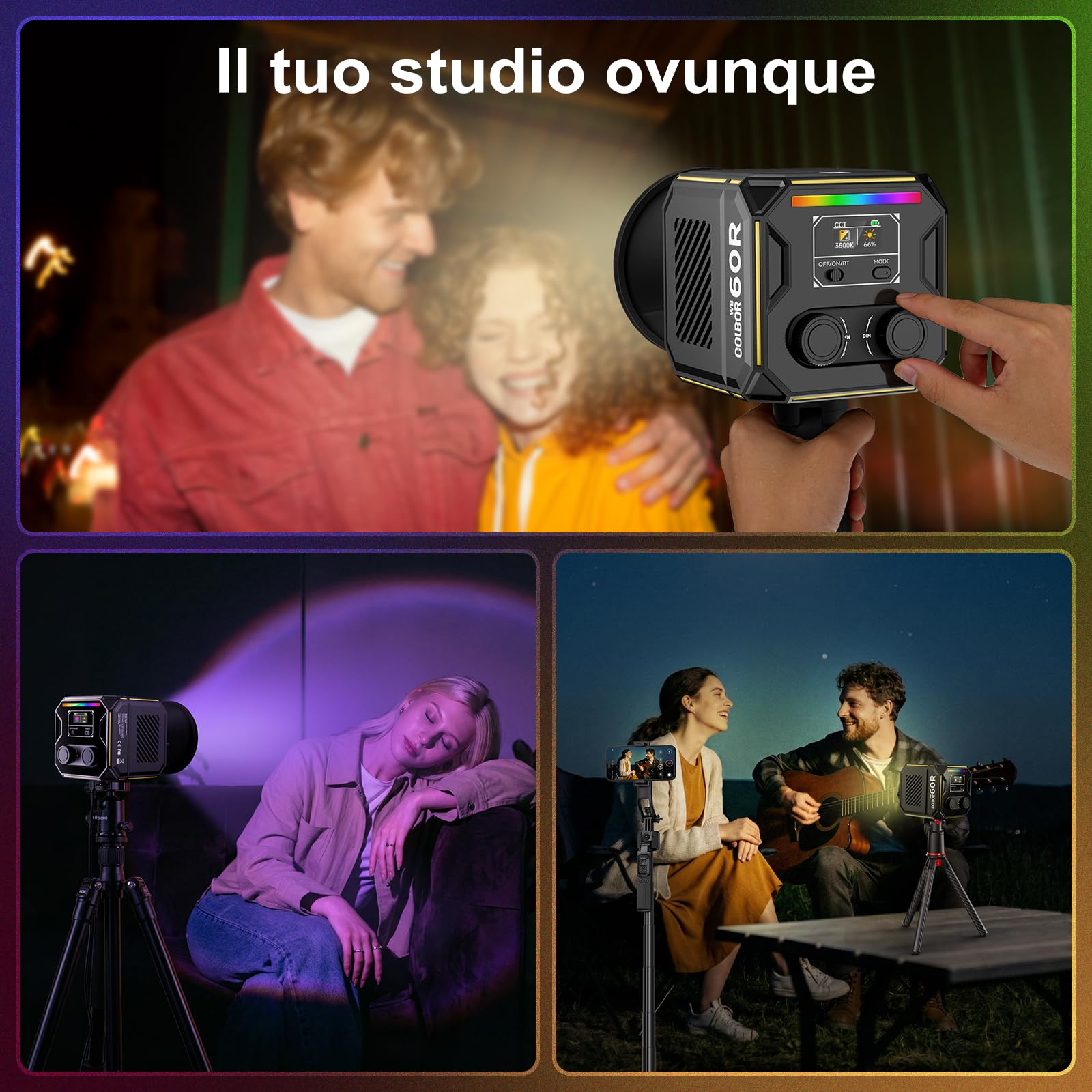 COLBOR 60W Luce Video LED con Batteria Integrata 59Wh, Lampada COB RGBW Portatile, 2700K-6500K Bi-Color, CRI 96+, Controllo App, Ricarica PD/DC, Illuminazione Professionale per Esterni e Studio