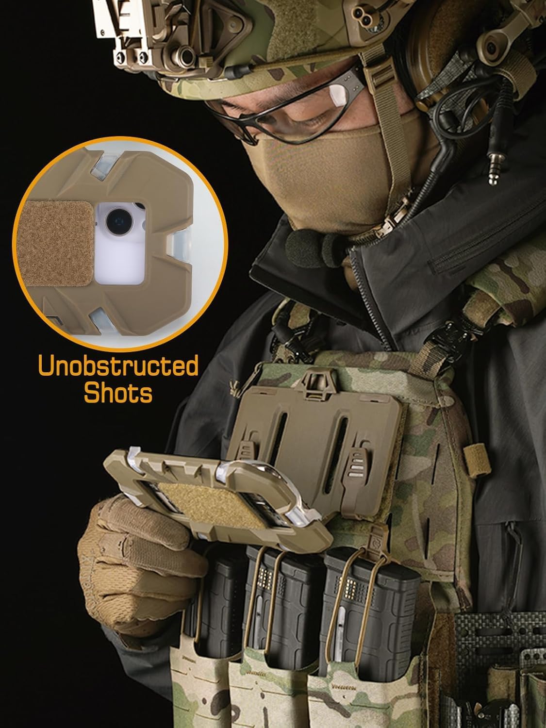 MOLLE Tactical Flat Carrier Vest Accessory, Universal 90-Degree Foldable Phone Stand with Screen Size 4.7 "-6.7"