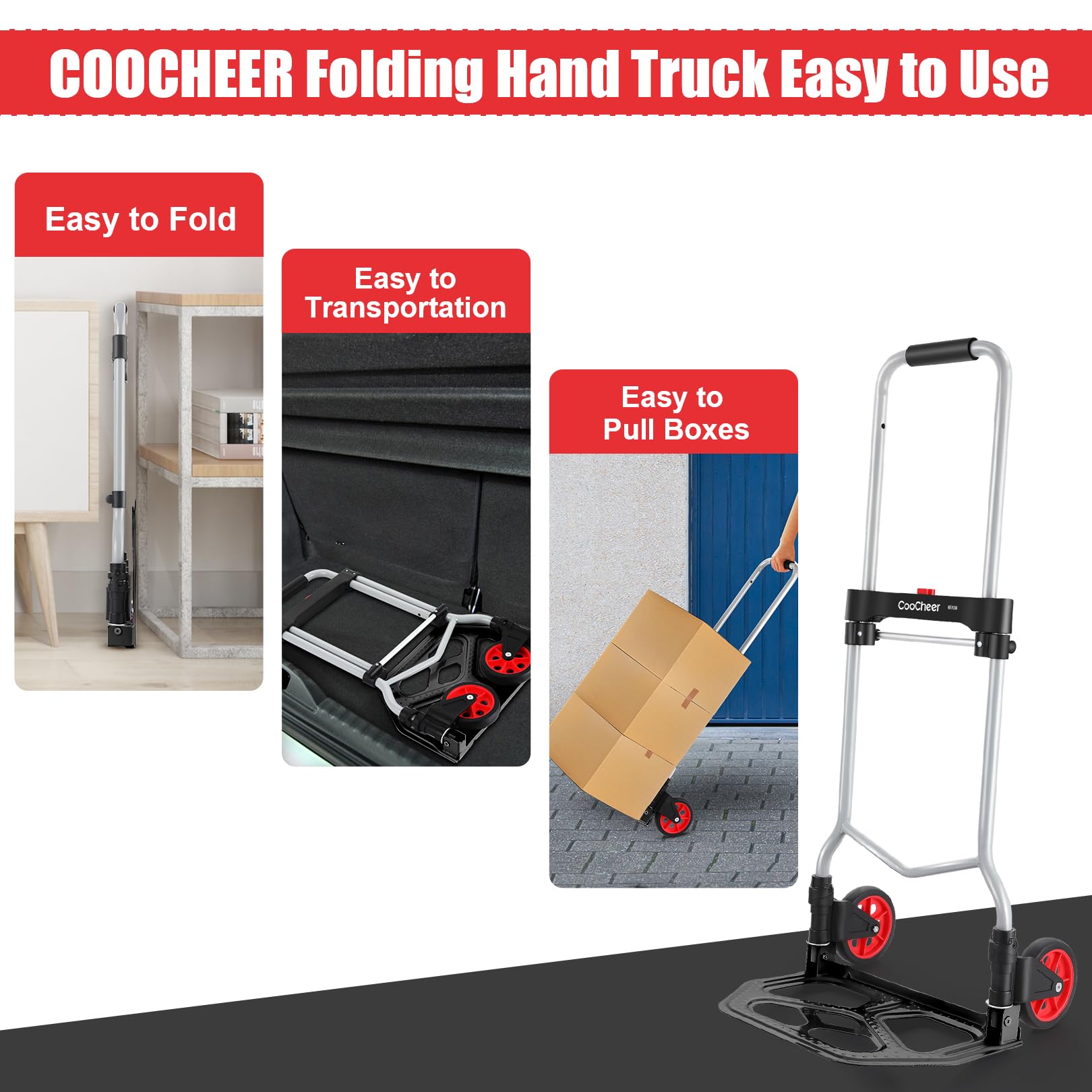 Carrello Pieghevole Portata 100kg, Carrello portapacchi in alluminio con Manico Allungabile, 2 Ruote e Cord con gancio per i viaggiatori, i traslochi, le attività domestiche