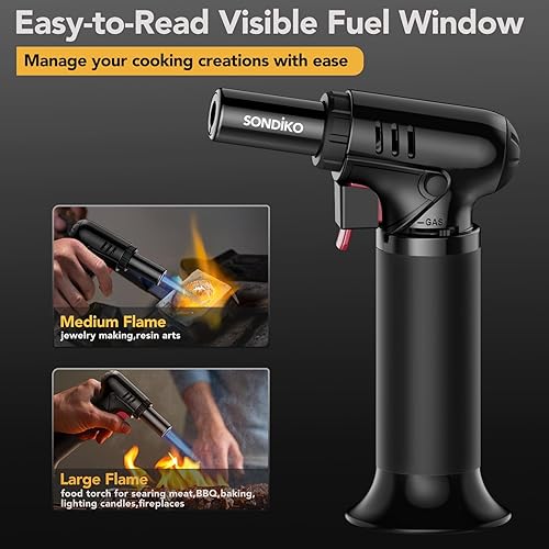Miniatura 2 de Sondiko S907 Soplete de butano con indicador de combustible, encendedor recargable con llama ajustable para soldadura, arte de resina y uso