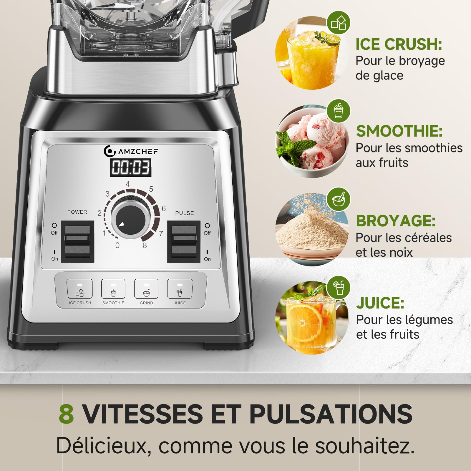 AMZCHEF Blender Professionnel 2000W, Mixeur Puissant 2L, 8 Vitesses & 4 Programmes, Blender Smoothie et Glace Pilée, 25000 Tr/min, 8 Lames Inox, Sans BPA pour Fruits Congelés et Cuisine