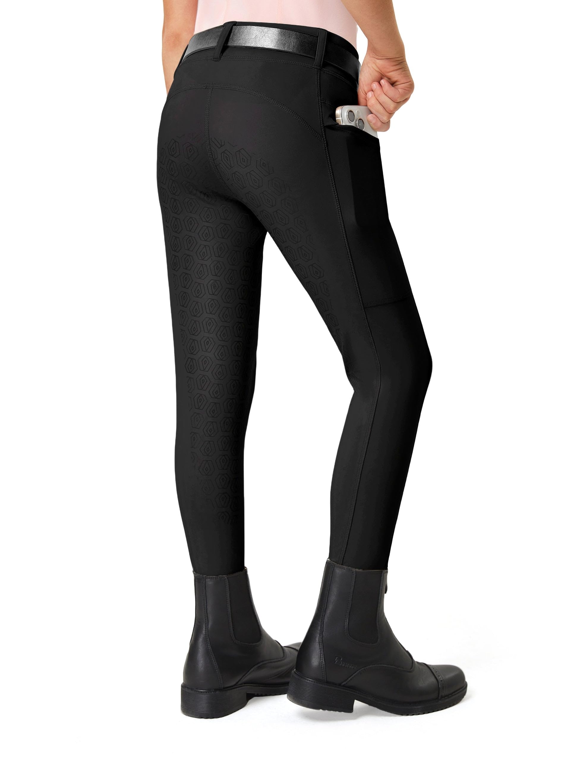 FitsT4 Sports Pantaloni da equitazione per ragazze, con sedile completo, pantaloni da equitazione elasticizzati per ragazzi e cavalli, con tasche con cerniera