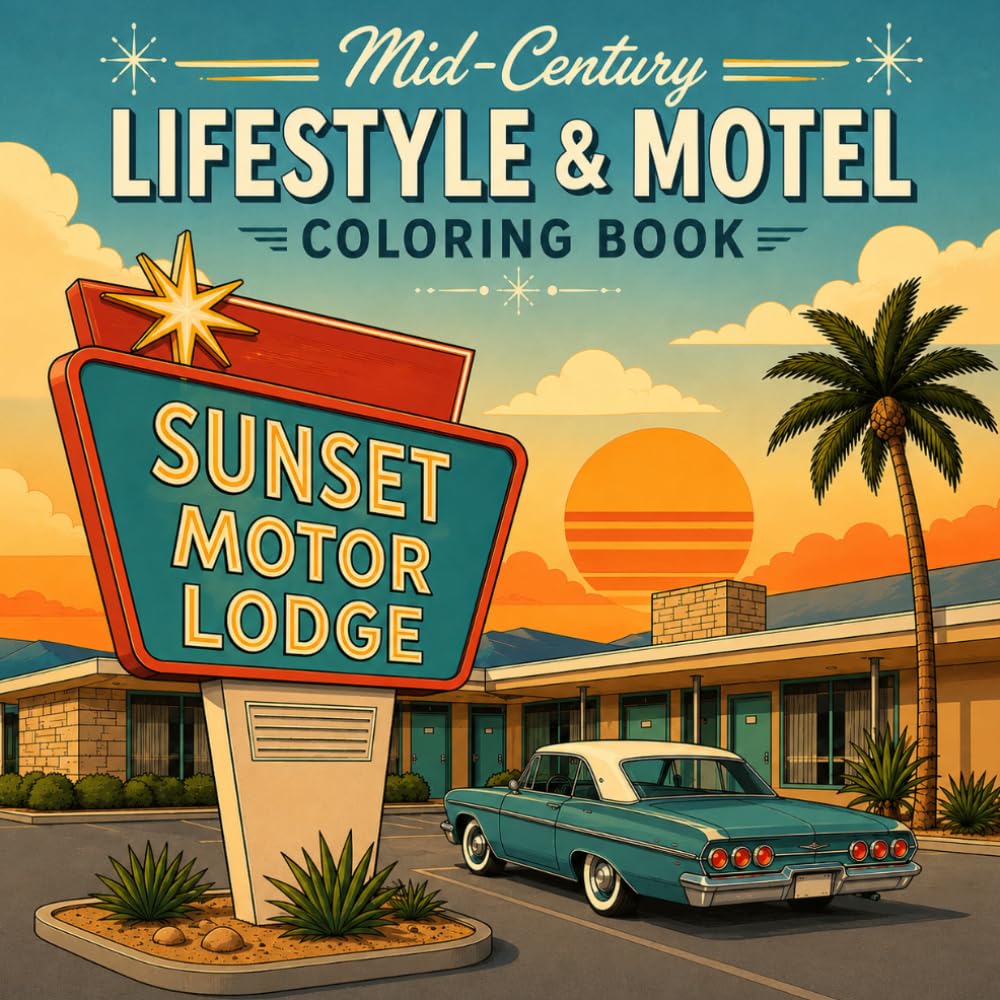 Mid-Century Lifestyle Coloring Book: 25 Relaxing Retro Scenes Inspired by Vintage Motels, Classic Cars, Cozy Diners, and 1960s Living
