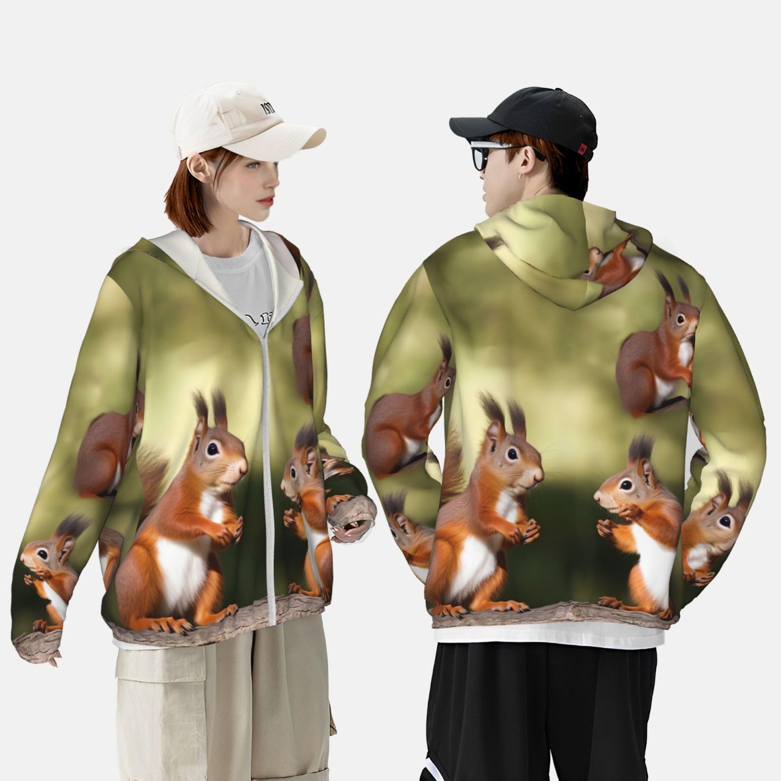 NONHAI Men's Sun Protection Jacket UPF 50+ Full Zipper Long Sleeve UV Hoodie Shirt Cute Squirrels Women's Outdoor Jacket Black