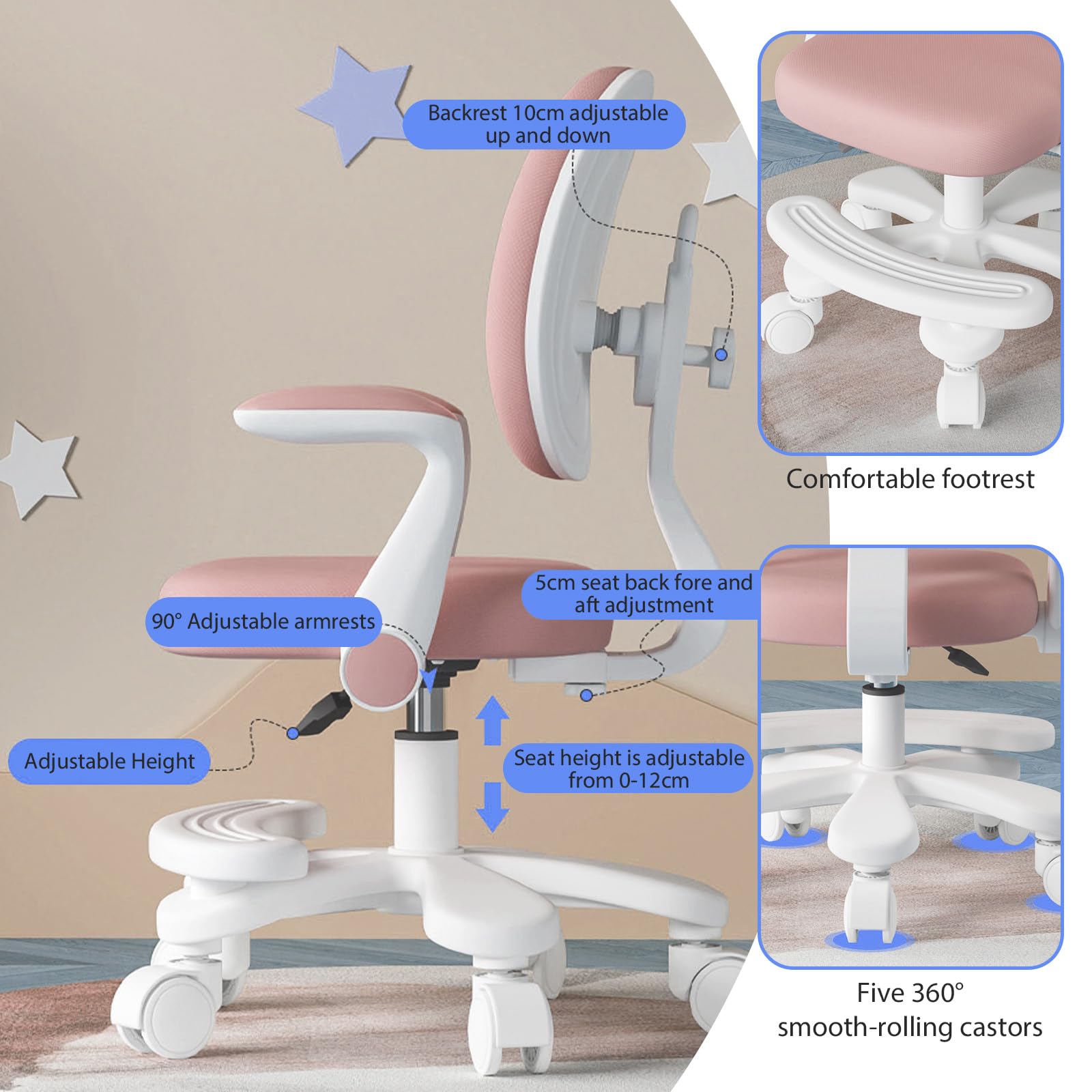 Schreibtischstuhl Kinder, Höhenverstellbarer | Ergonomischer Drehstuhl für Mädchen und Jungen | Bequemer Lernstuhl für Kinderzimmer (Upgrade Modell (Lenker + Schritte), Rosa)