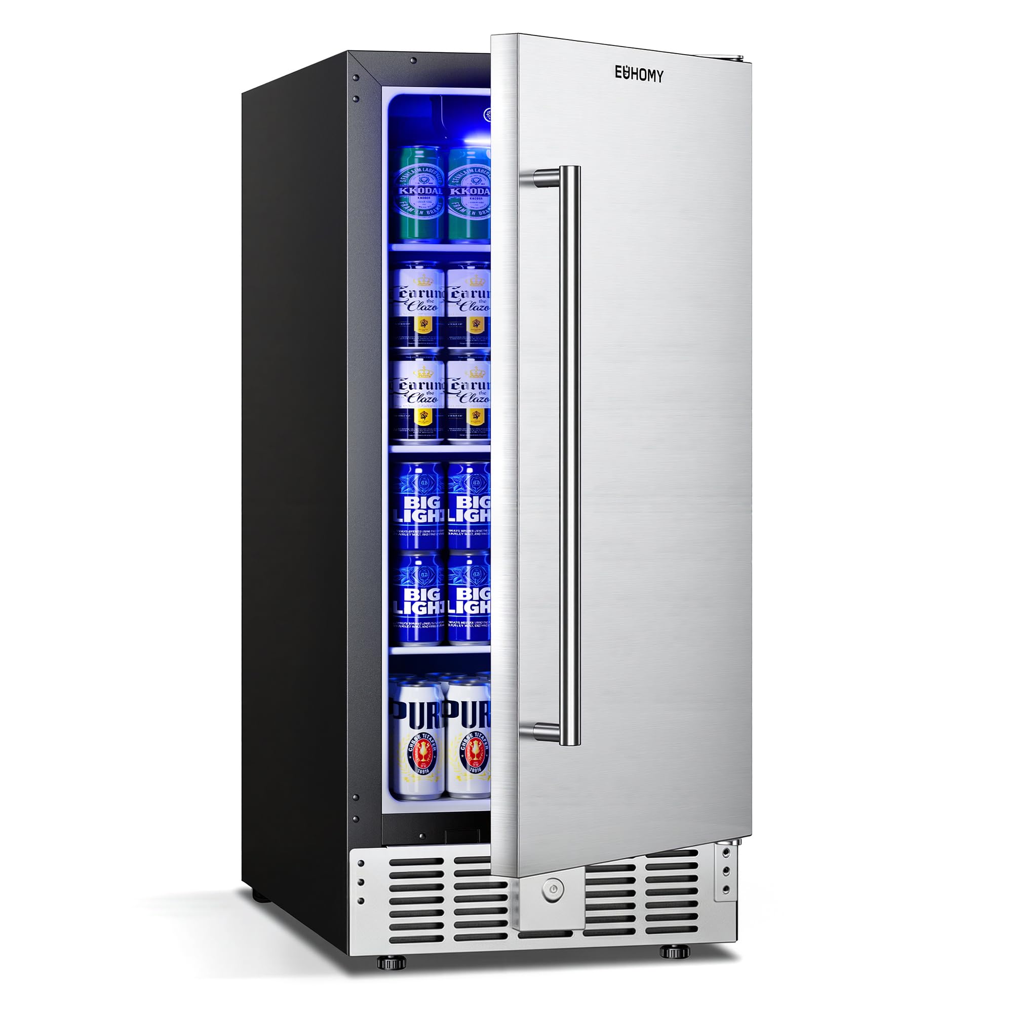 EUHOMY 15 Inch Under Counter Beverage Refrigerator, 127 Can Beverage Fridge | 32°F to 50°F, Compressor Cooling, Built-in or Freestanding, Stainless Steel Door, Digital Temperature Control, LED Light