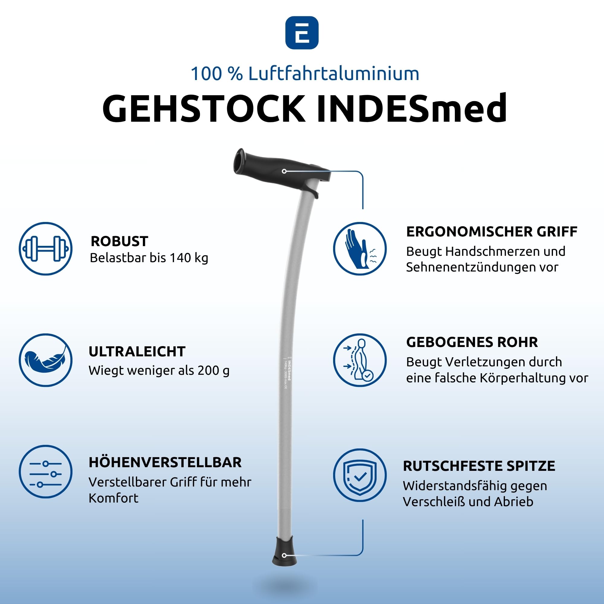 INDESmed Gehstock aus Luftfahrt-Aluminium | Leicht, ergonomisch & höhenverstellbar | Gehstock Damen & Herren – Für Alltag, Reha & Spaziergang – Elegante Gehhilfe - Grau, L