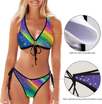 Sexy Triangle Bikini Set for Women Aztec Inspired Double Oval Blue Front Tie Adjustable Top Heart-Shaped Cheeky Bottom