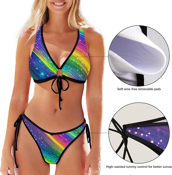 Sexy Triangle Bikini Set for Women Aztec Inspired Double Oval Blue Front Tie Adjustable Top Heart-Shaped Cheeky Bottom