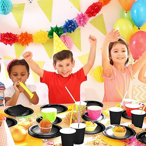 Miniatura 7 de TWOWYHI El juego de 228 piezas de suministros de fiesta negro incluye platos de papel, vasos, servilletas negras, cucharas de plástico, tenedores,