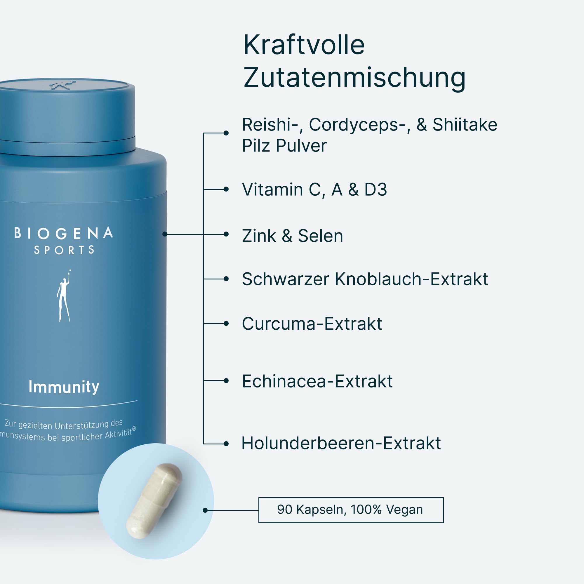 BIOGENA SPORTS Immunity – Premium Nährstoff-Komplex mit Reishi, Cordyceps & Shiitake Pilz - Zink, Selen & Vitamin A, C, D – mit Echinacea, Schwarzer Knoblauch - Vegan – 90 Kapseln