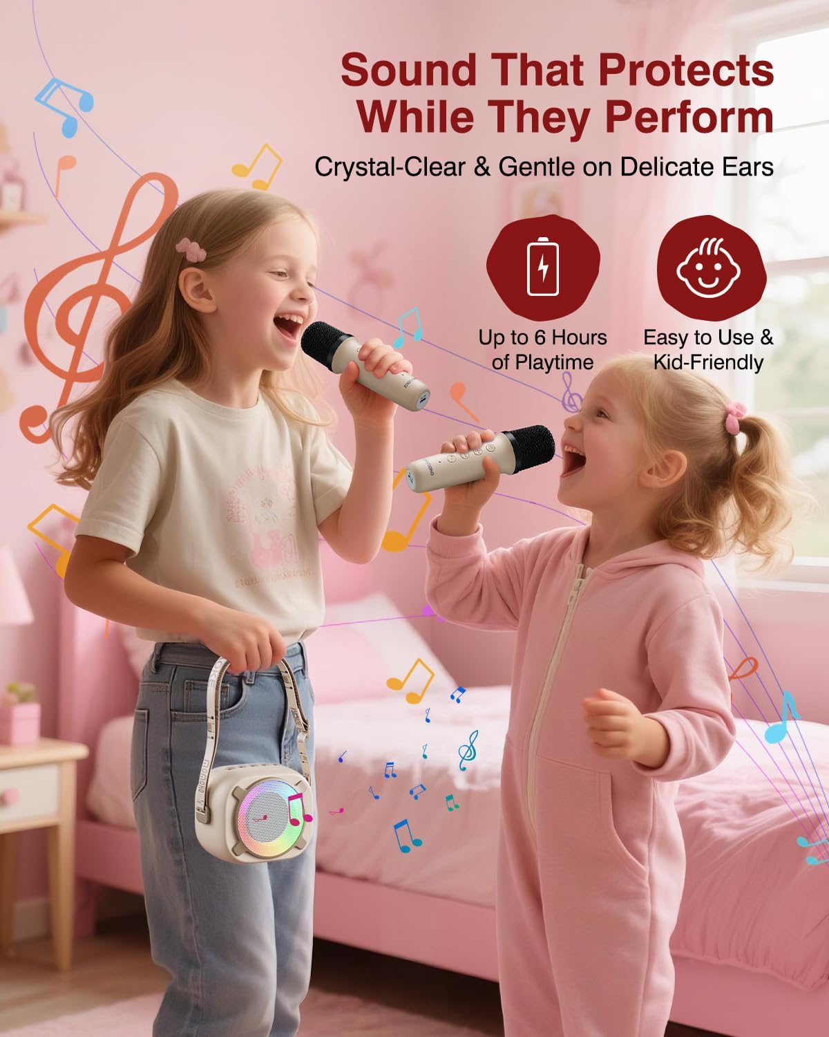 Karaoke Machine for Kids, Mini Portable Bluetooth Speaker with 2 Wireless Microphones and Party Lights for Girls Boys, Birthday Gifts Toys for 3-12+ Kids Family Party (Vanilla) - Image 4