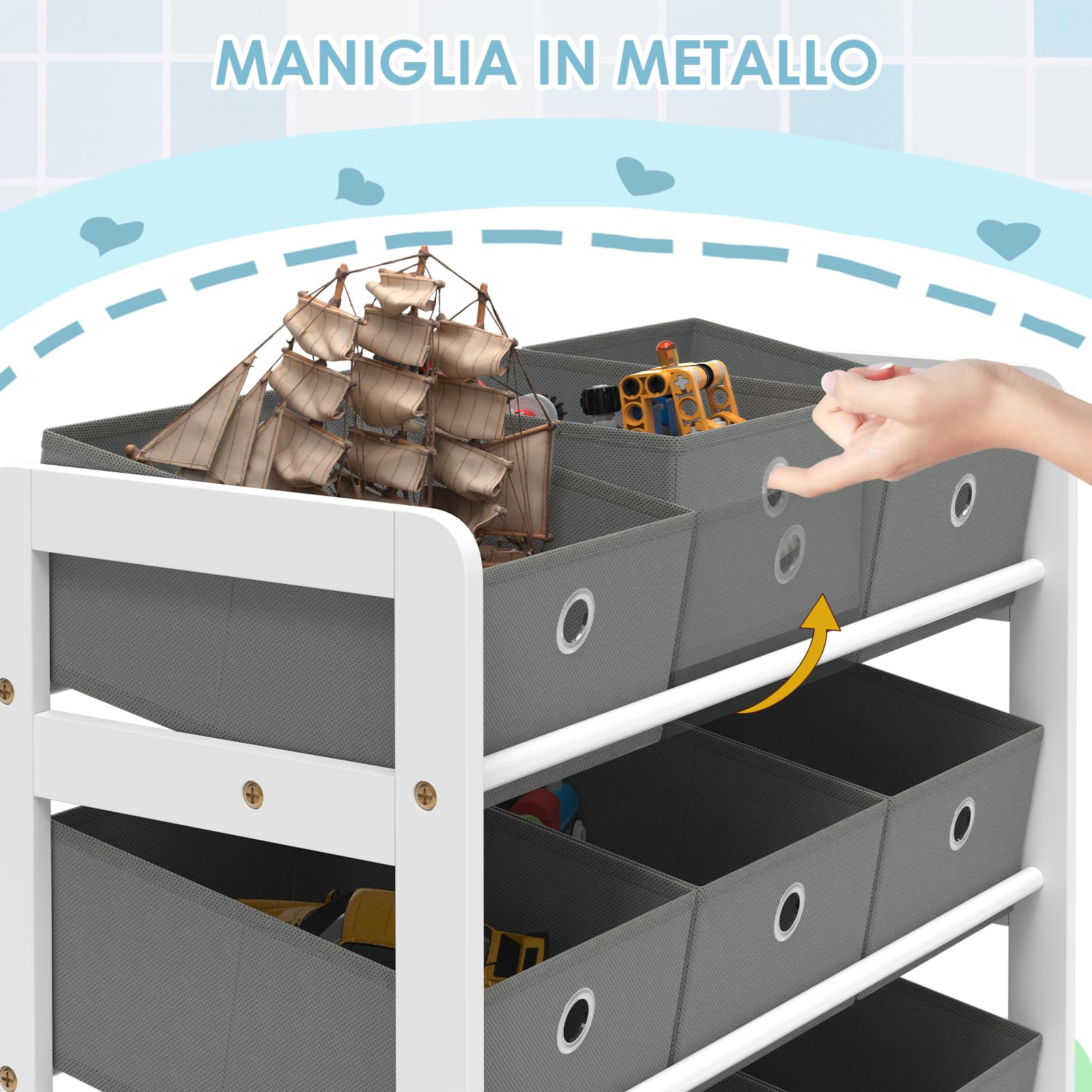 Lestarain Contenitore per Giocattoli con 9 Scatole Rimovibili, Scaffale per Bambini Organizzatore di Giocattoli, Libreria Montessoriana, Bianco+Grigio