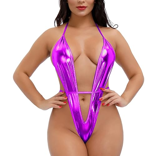 Taube Women Teddy Deep V Halter Lingerie Sleeveless Sling Tops Satin Bodysuit Corset Bodysuit Top - Purple