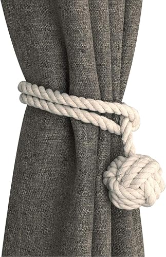 Miniatura 2 de Home Queen Alzapaños de cortina para tejer a mano, alzapaños decorativos para cortinas con bola individual (2 pares, beige)