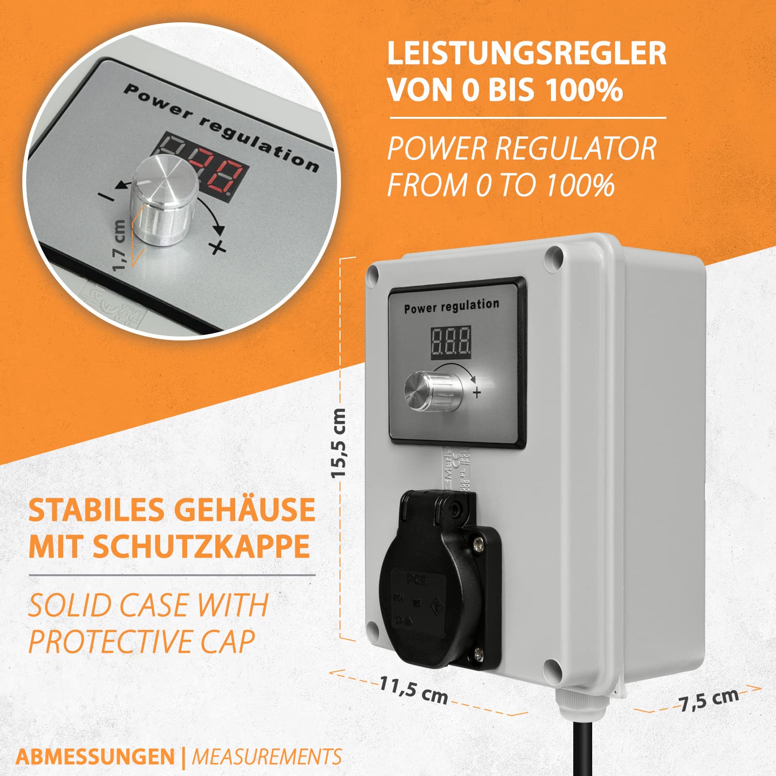 3500 Watt Dimmer Leistungsregler Drehzahlregler 0-100% LCD-Display IP41 - Spannungsregler 230V für Lüfter, Bohrmaschine, Trafo, Kappsäge, Motor