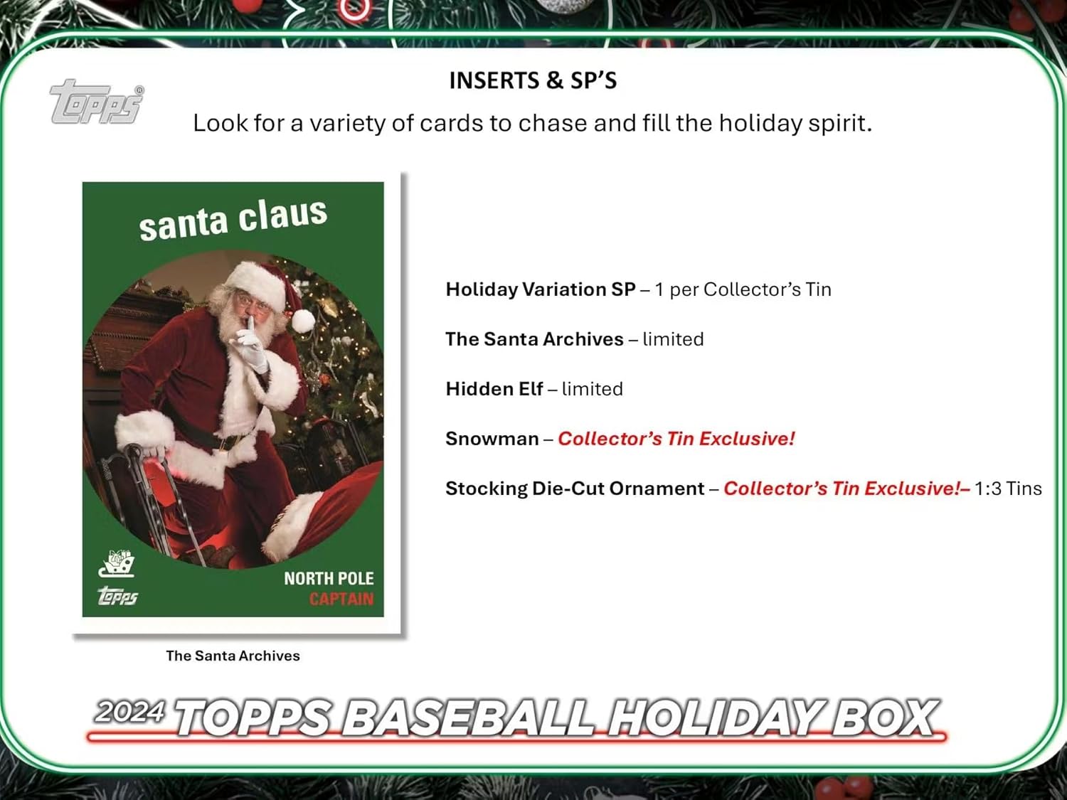 2024 Topps Baseball Holiday Tin - 59 Cards, Including Holiday Image Variation, Metallic Tree Parallels, Rookie Cards, Relics & Autographs