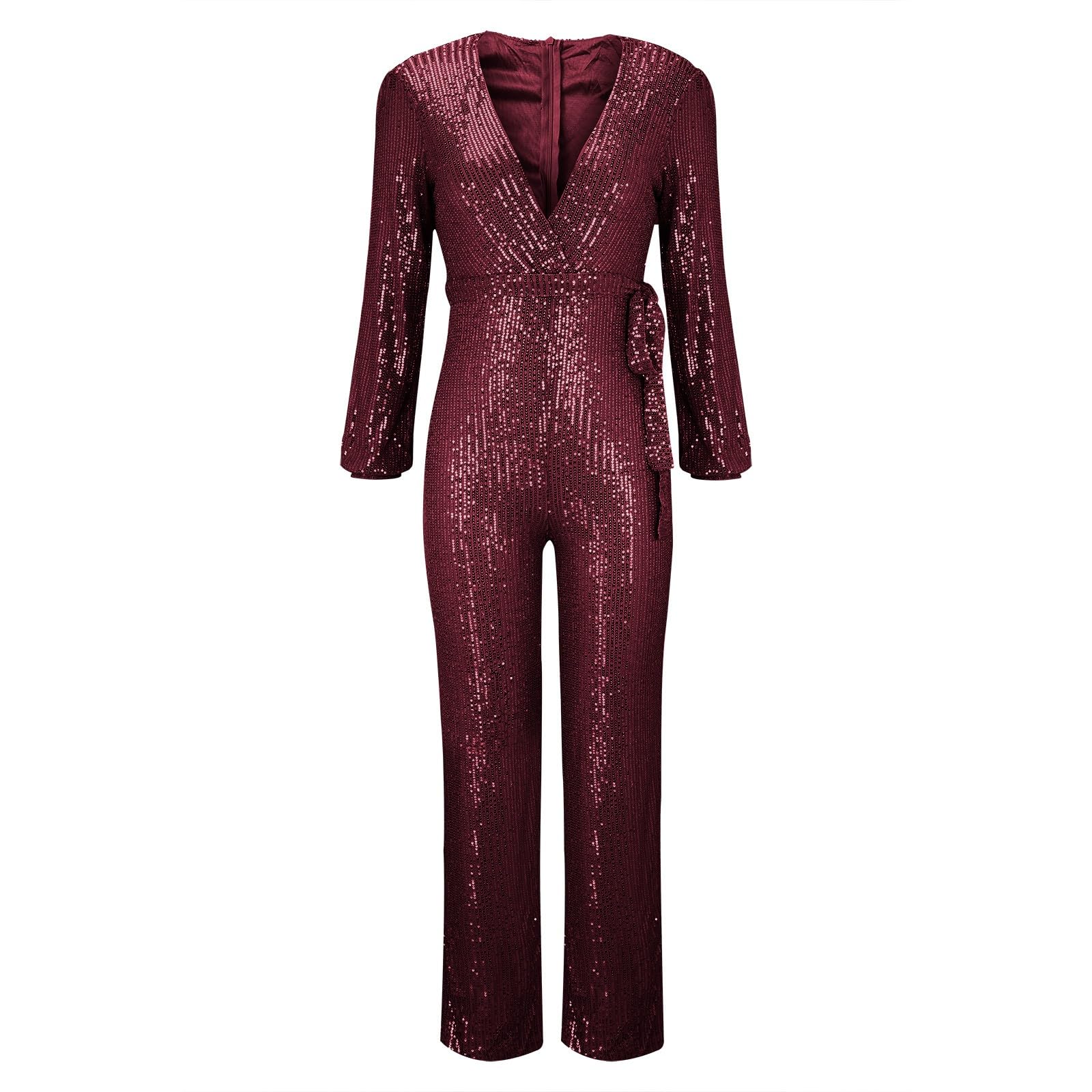 Tuta da donna elegante, con glitter, con paillettes, salopette, scollo a V, per cocktail, per matrimonio, a vita alta, per matrimonio