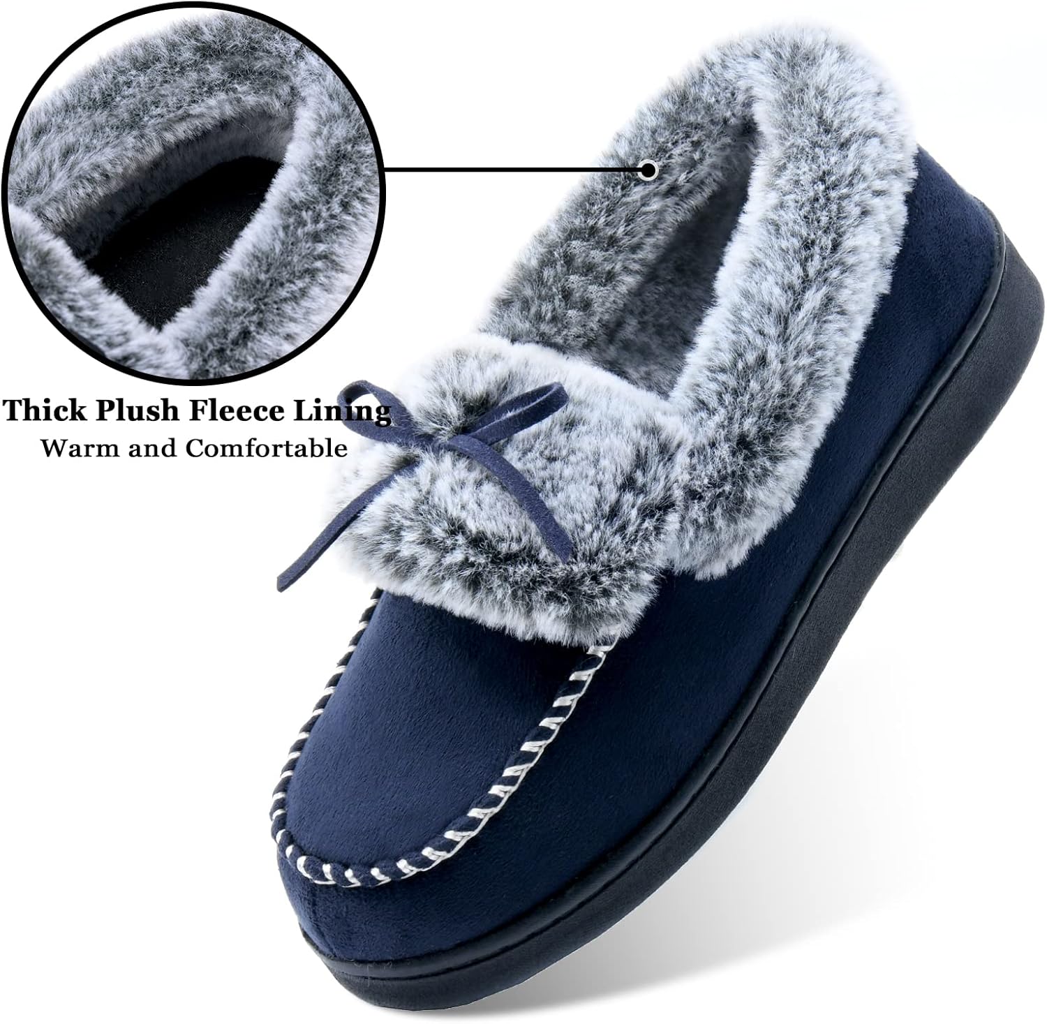 DL Women's Fuzzy Warm Moccasin Slippers Memory Foam, Soft Fluffy Winter House Closed Back Fur Lined, Cozy Ladies Suede Indoor Bedroom Houseshoes Non-Slip - Image 4