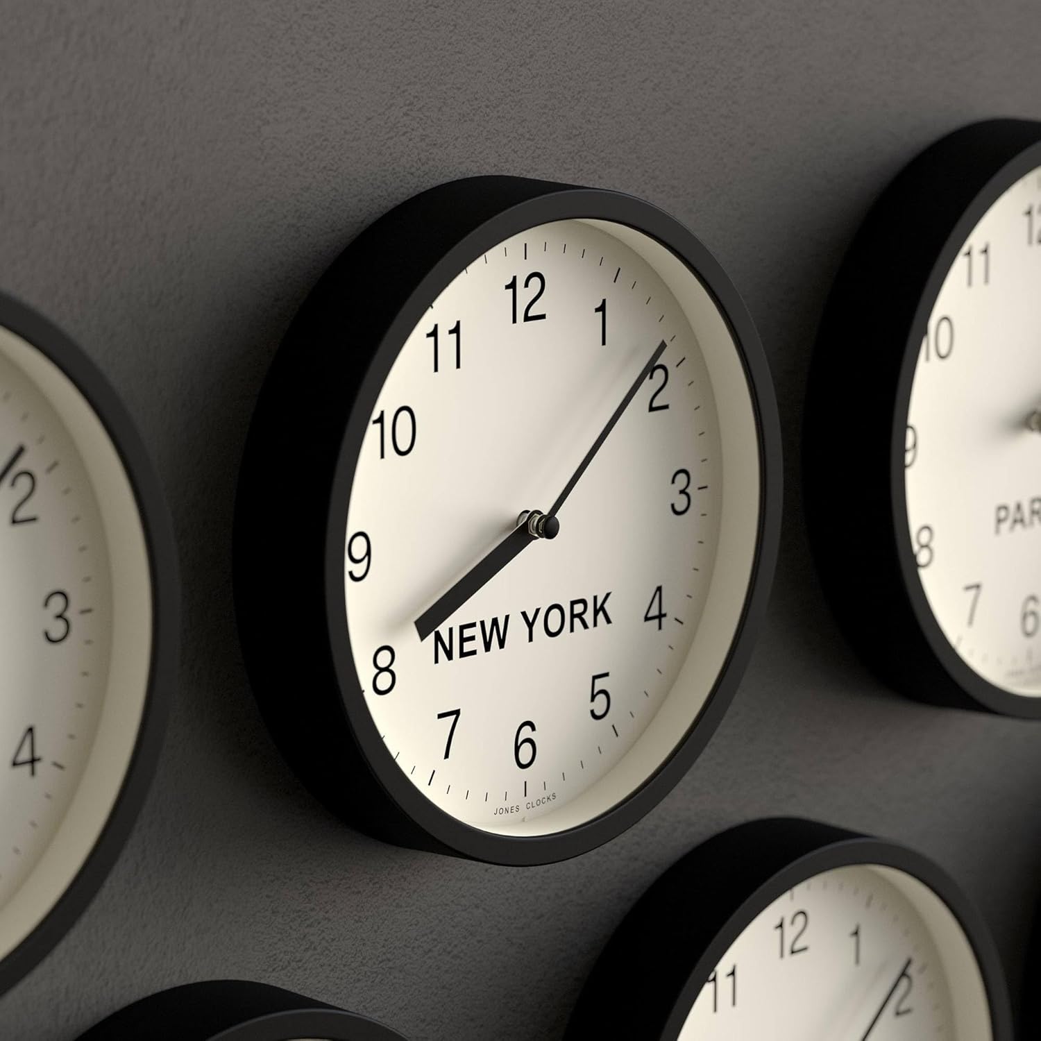 JONES CLOCKS® New York Time Zone Wall Clock | Small Modern Round Clock | 8 inch | Black | Easy to Read Numbers | Ideal for Kitchens, Home Offices and Shared workspaces