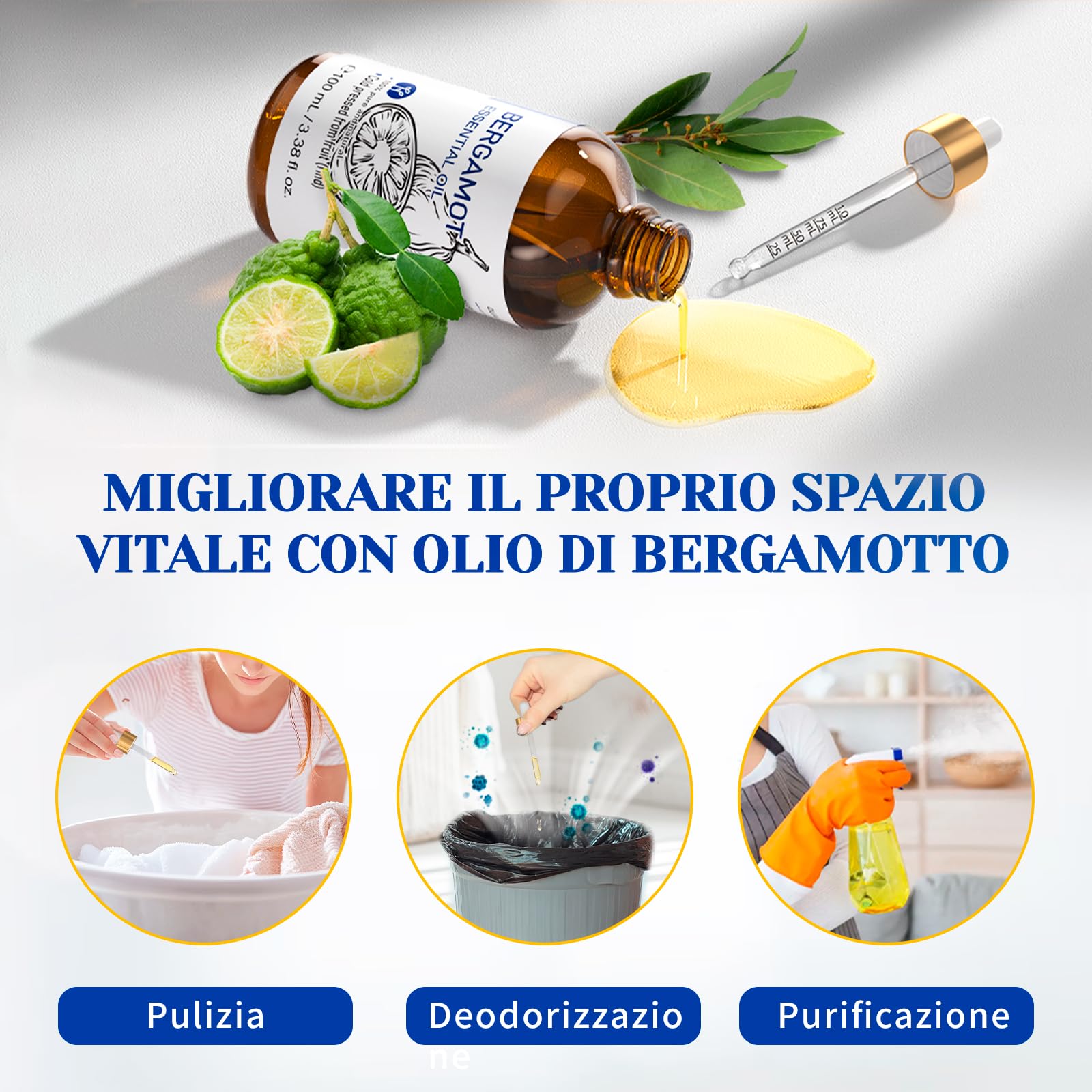 HIQILI Olio Essenziale di Bergamotto per Pelle, Diffusore e Deodorante, 100% Puro e Naturale - 100ml