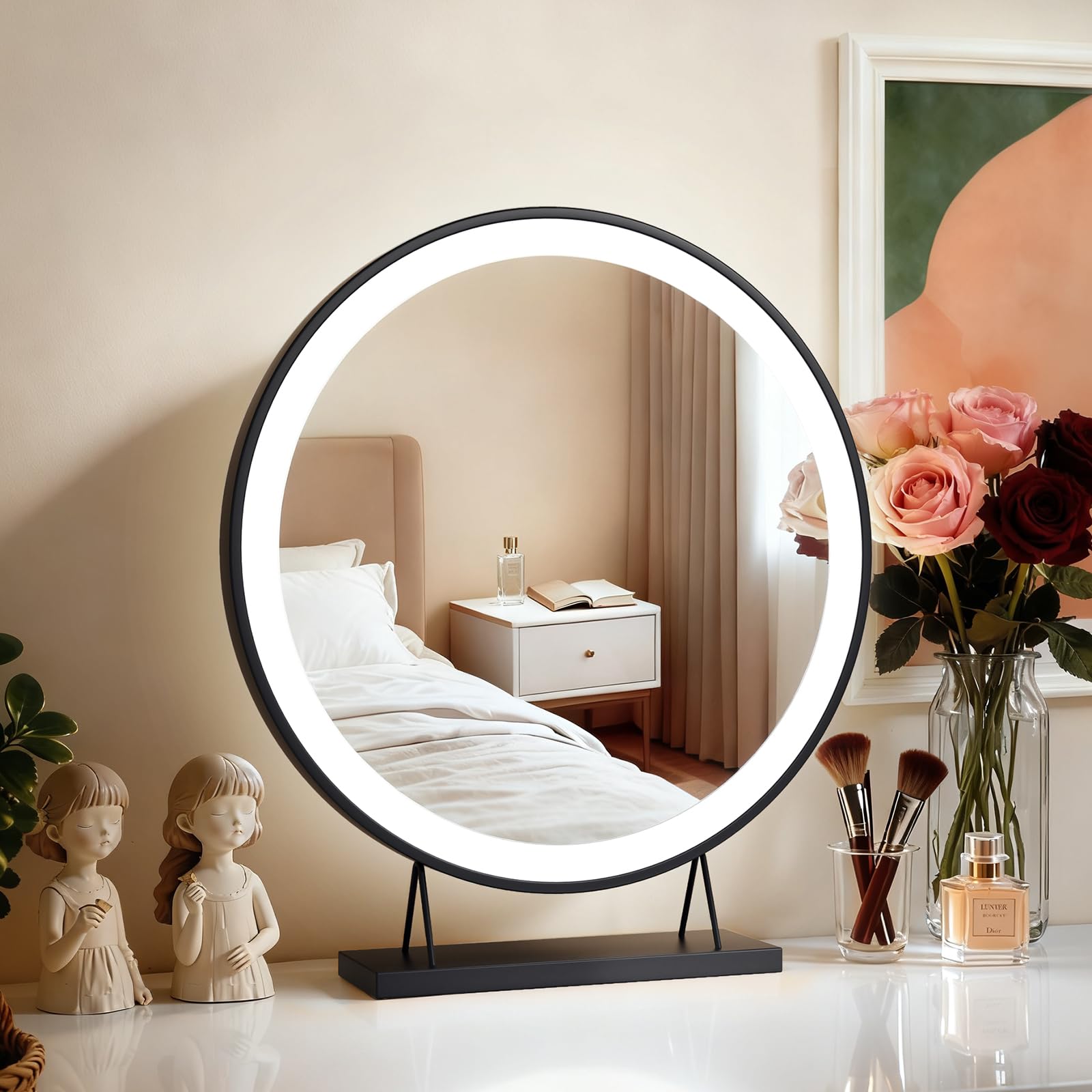Heilmetz Dressing Table Mirror 48 cm Round, 3 Light Colours, Dimmable