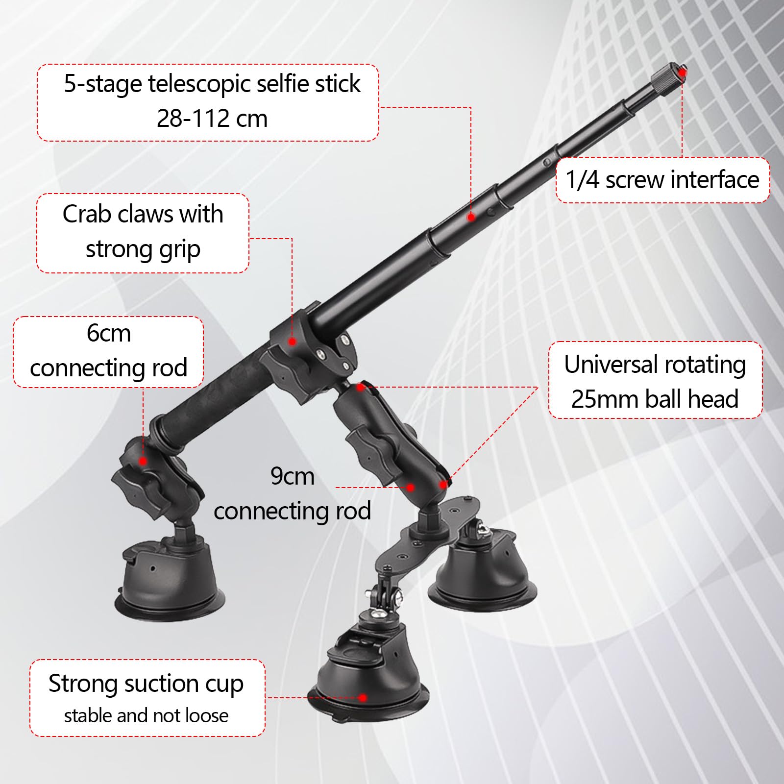 Juego De Soporte para Coche con Triple Ventosa, Soporte para Coche con Triple Ventosa Y Abrazadera para Cámara De AccióN Insta360 Gopro Akaso, Soporte para CáMara con Brazo MáGico Y Palo