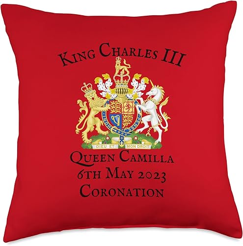 King Charles and Camilla Royal Coronation 2023 - Almohada con escudo de brazos, 18 x 18 pulgadas, multicolor