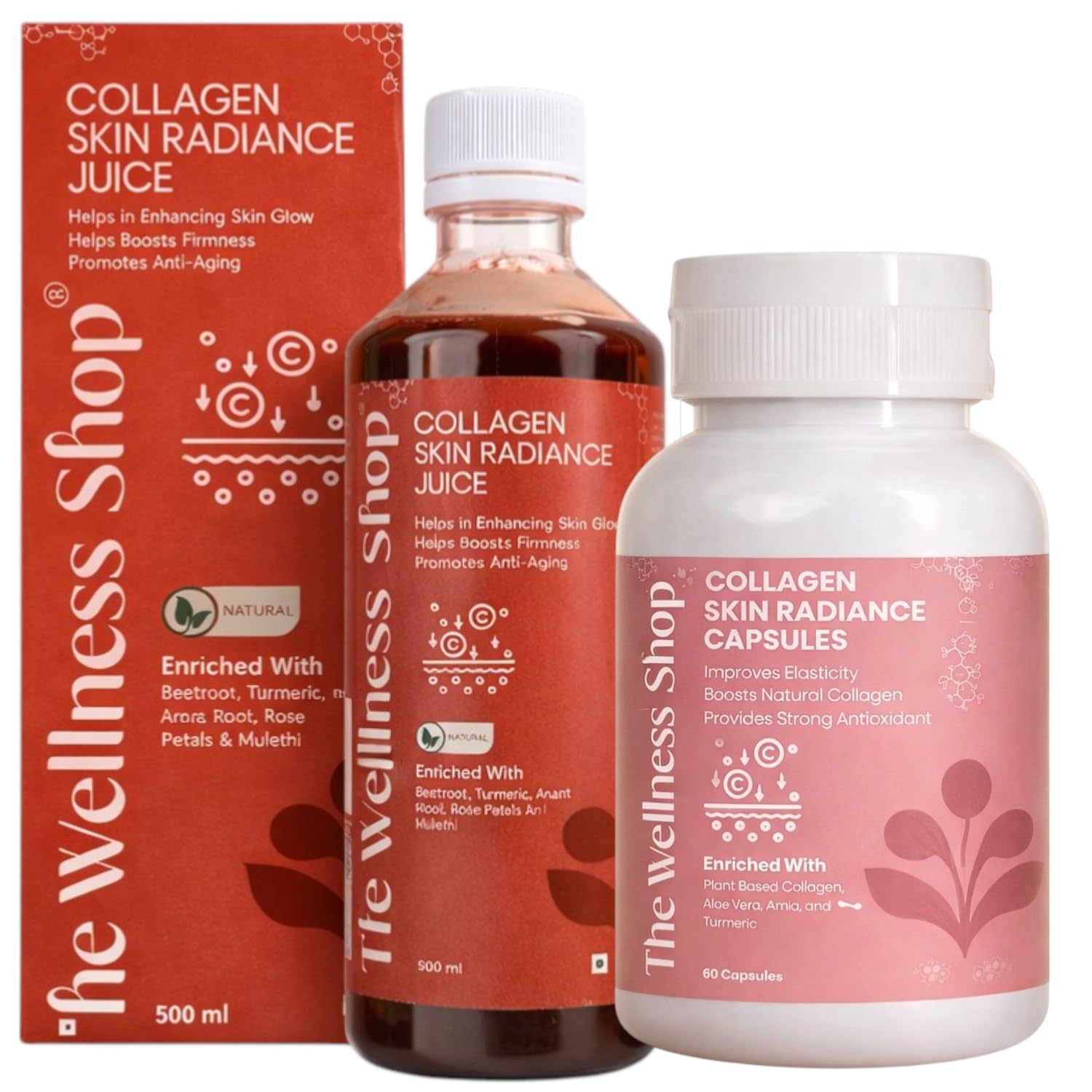 The Wellness Shop Combo Collagen Skin Radiance Juice 500ml + Collagen Capsules 60 Count | Skin Glow, Anti-Aging & Hydration Support | Herbal Beauty Supplement for Women & Men-image-4