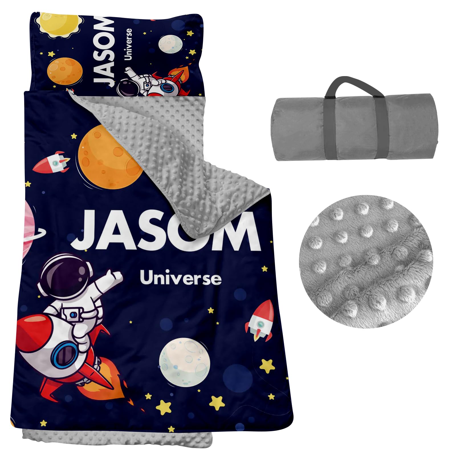 Personalized Nap Mats for Daycare - Kids Nap Mat with Pillow and Blanket for Preschool Kindergarten Custom Name Space Toddler Sleeping Bag for Boys, Thick Padded Easy Roll Up Universe