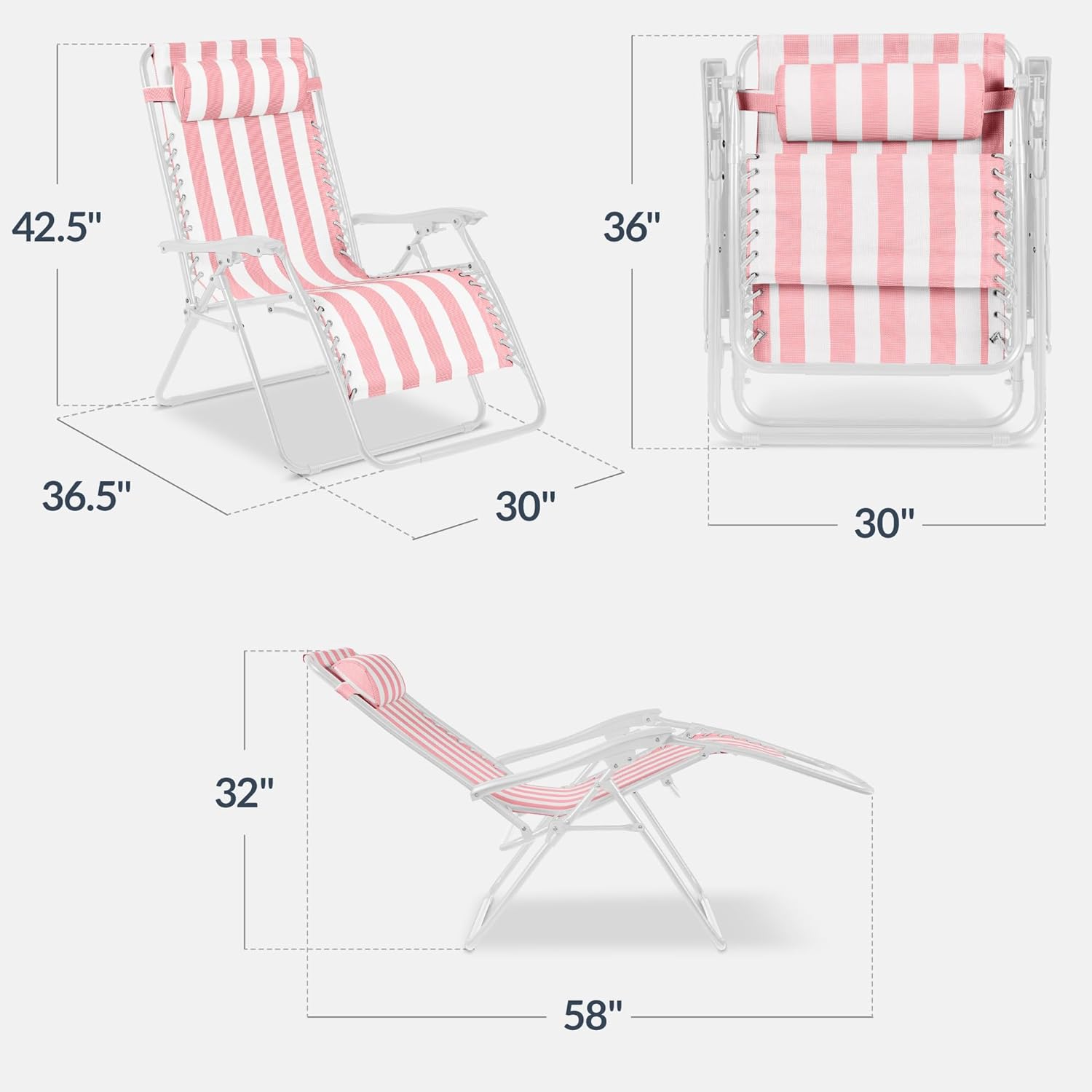 Best Choice Products Set of 2 Extra Wide Adjustable Steel Mesh Zero Gravity Lounge Chair Recliners w/Pillows and Cup Holder Trays - Flamingo Stripes/White