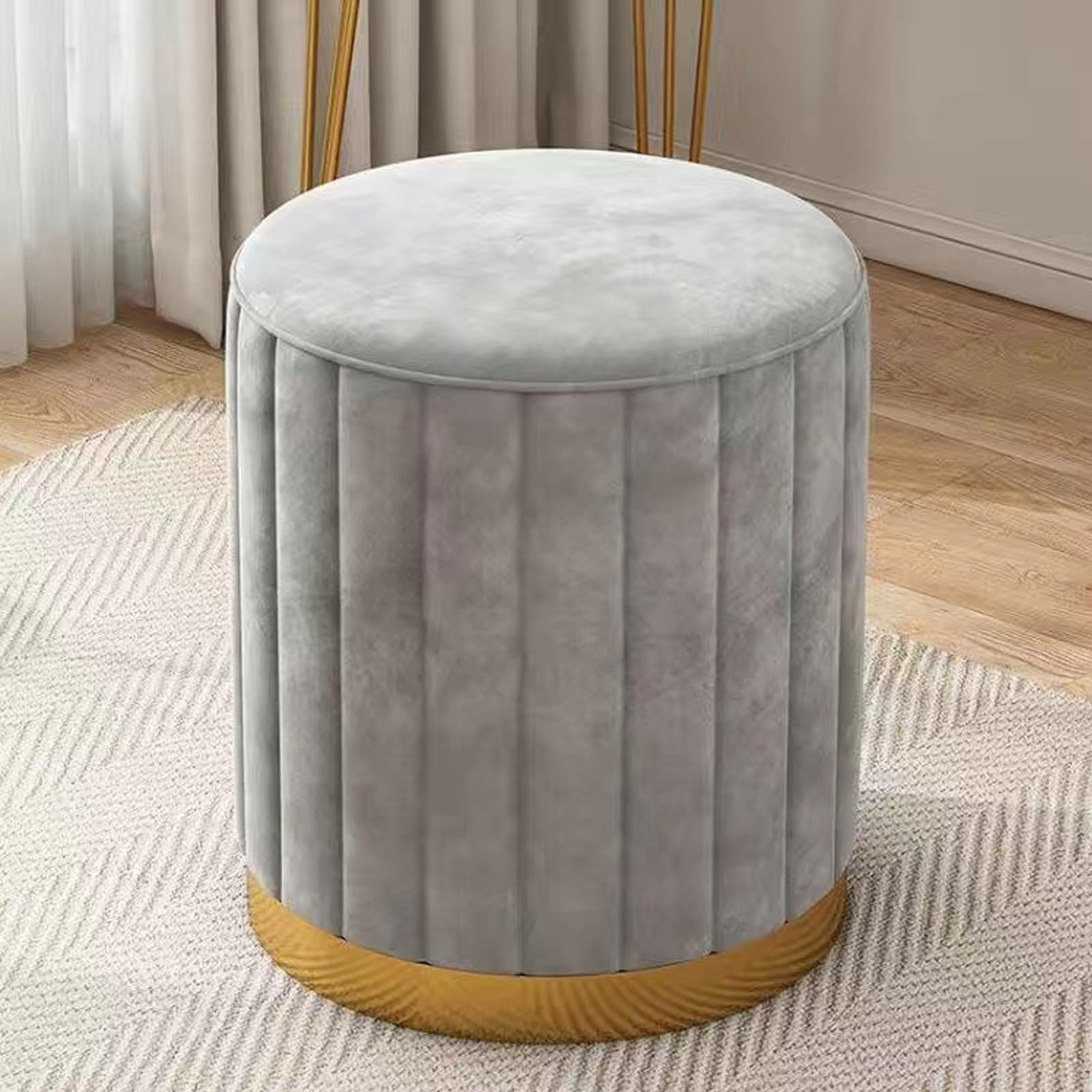 Pouf Contenitore Rotondo in Velluto, Pouf Basso Rotondo in Pelle, Sgabello da toeletta in Spugna, Sgabello poggiapiedi Imbottito con Base placcata Oro per Soggiorno, Camera da Letto o Negozi