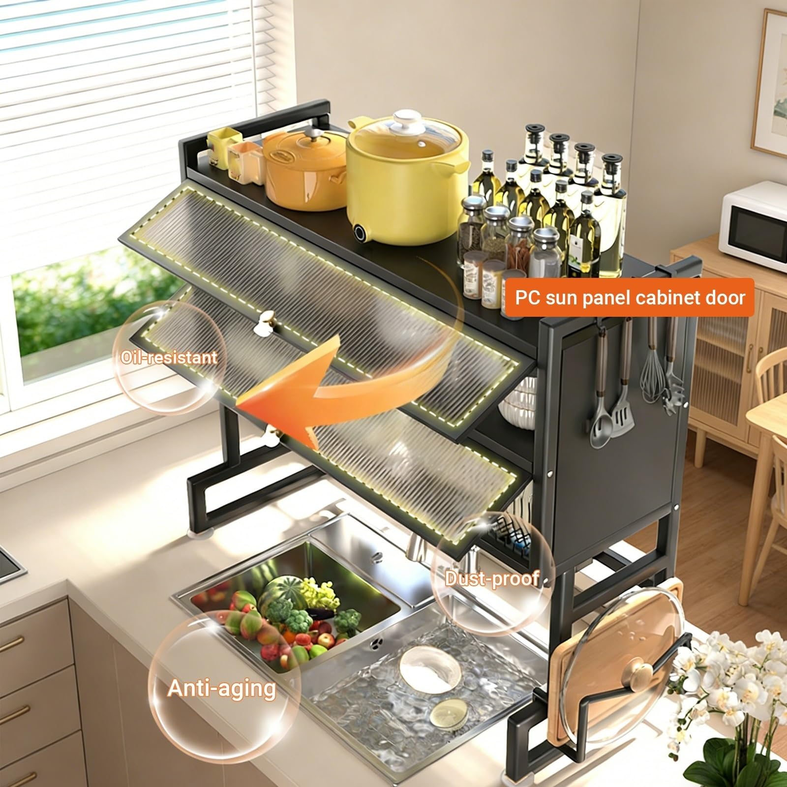 Großer Abtropfständer für die Spüle mit Deckel, 2-stöckiger Küchenorganizer, staubdichter Abtropfständer mit Besteckhalter (Schwarz, 75 cm/29,5 Zoll)