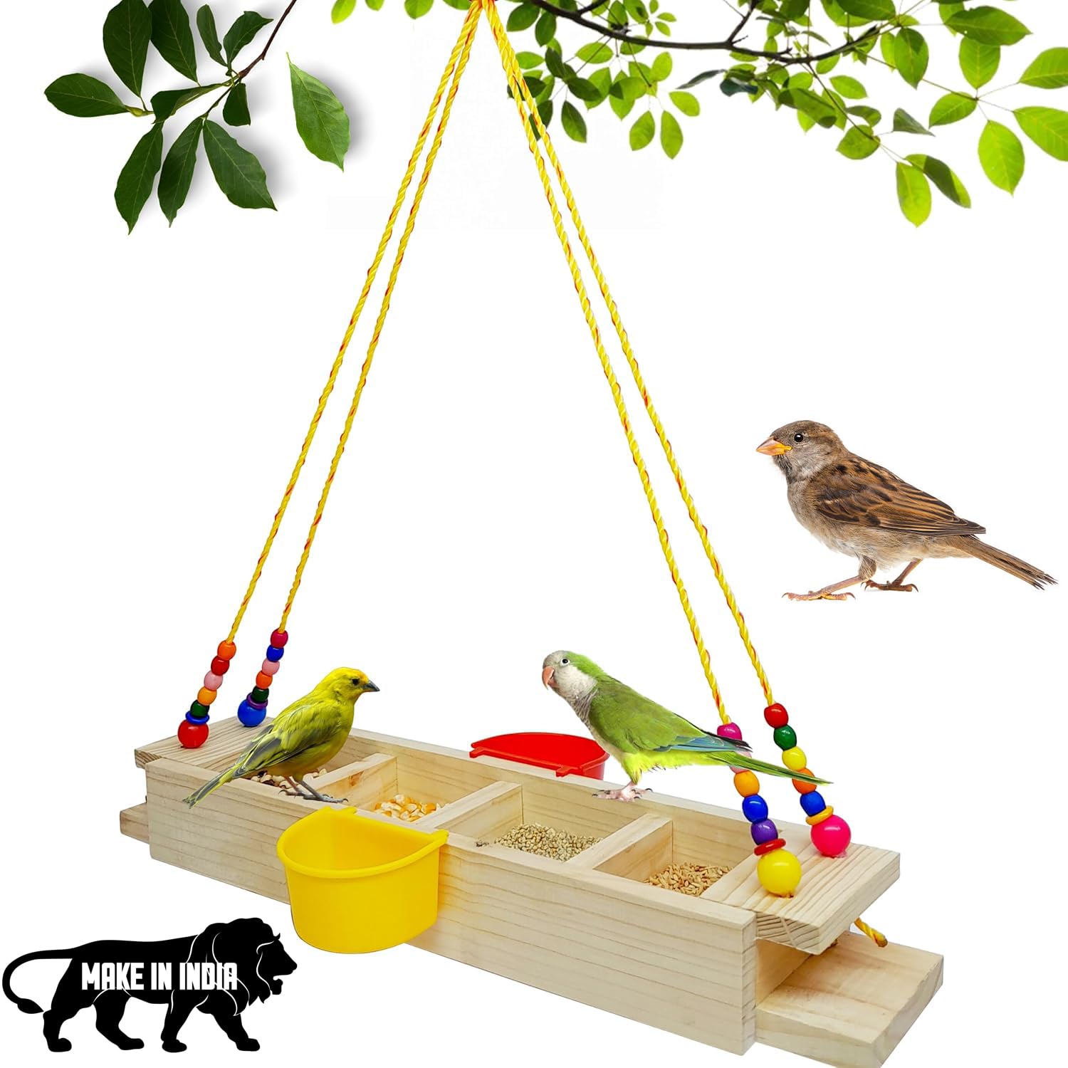 Boltz Wooden Bird Seed & Water Feeder Hanging for Balcony, Bird Feeder for Garden & Balconies, Food and Water Feeder, Wooden Tray (Multicolor, Feeder)-image-28