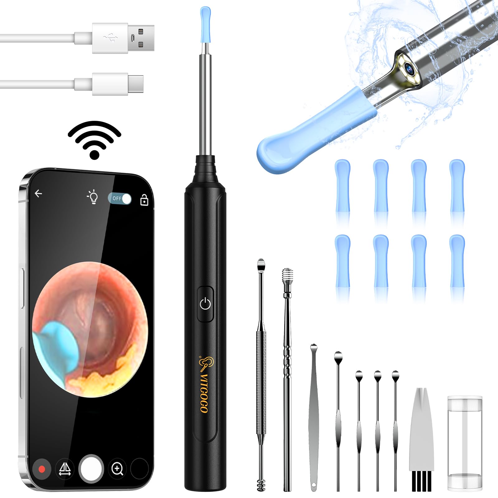 VITCOCO Ear Peel, Camera, Earscope, Mikaka, Ear Cleaning, Ear Scope, Lightweight, Replacement Earpick, Ultra Fine Lens, Waterproof LED Light, Ear Wax Cleaning, Mikaka, Camera & Ear Scratch, Easy to