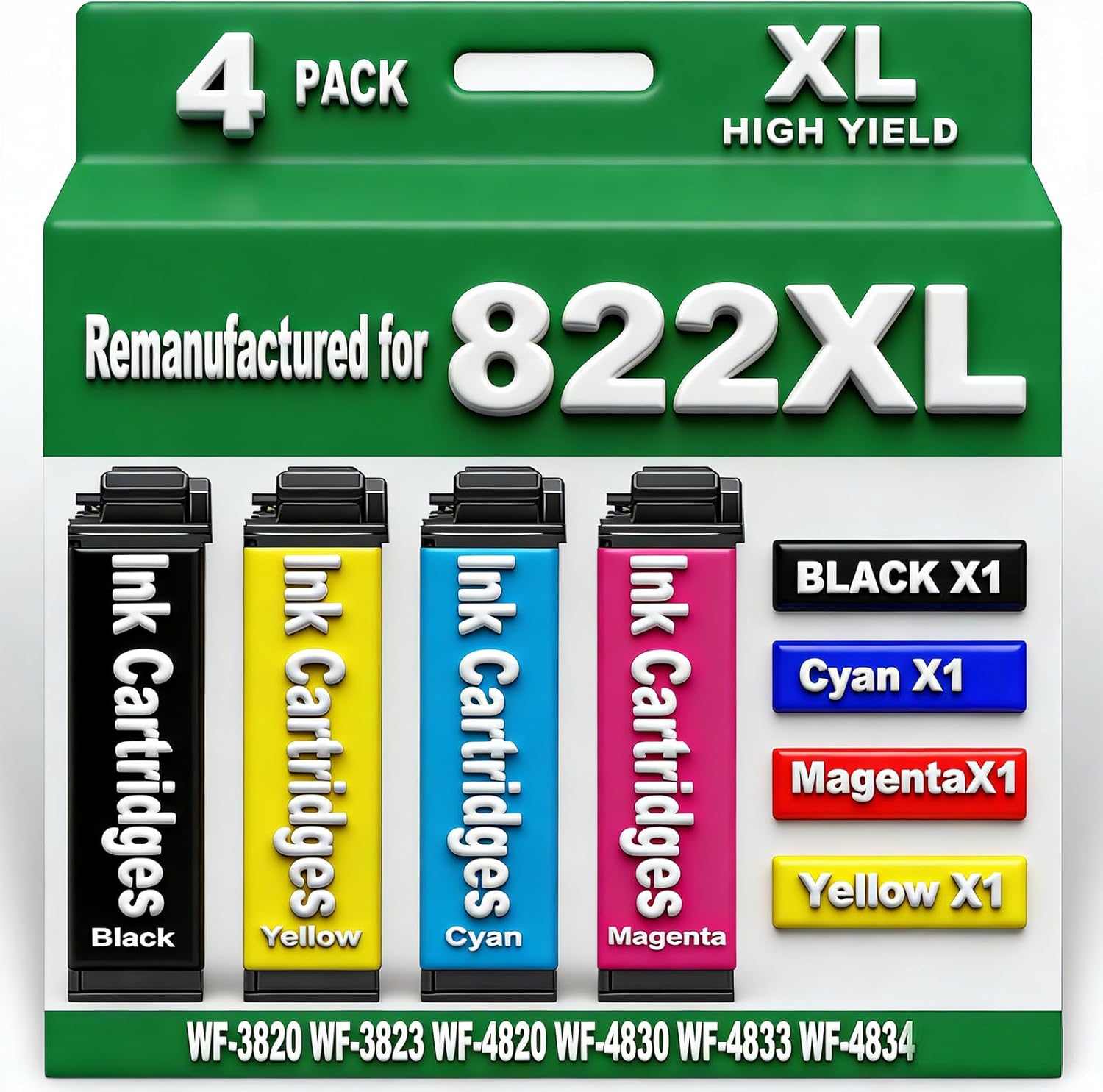 for 822XL Remanufactured for Epson 822 Ink cartridges Combo Pack for 822 T822 XL for Workforce Pro WF-3820 WF-3823 WF-4820 WF-4830 WF-4833 WF-4834 4 Pack 1 Black 1 Cyan 1 Magenta 1Yellow