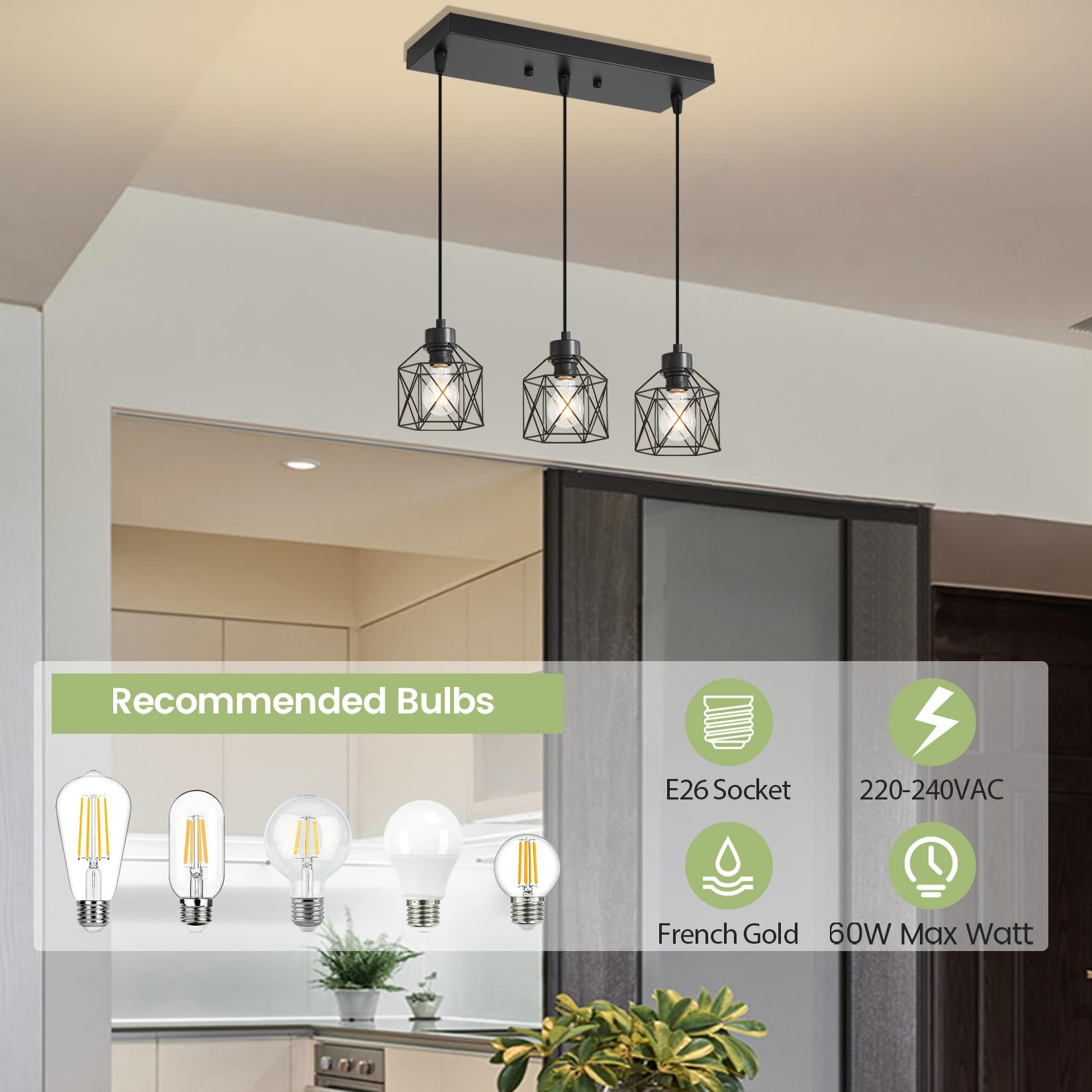ROCUNSI 3-Light Hanging Pendant Light Fixtures, Farmhouse Kitchen Island  Light Fixture, Industrial Hanging Pendant Lighting for Dining Room Bedroom  Hallway, Black Metal Cage Pendant Lamp, E26 Base - Amazon.com
