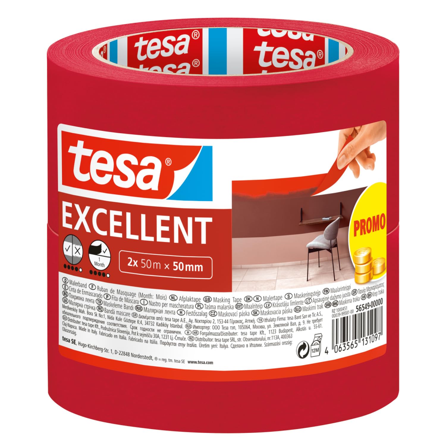 Tesa Uk Red Tesa Masking Tape Excellent - Painter's Tape With Thin Paper Backing For Masking During Painting Work - For All Paints, Varnishes, And Glazes - For Indoor Use - 2X 50 M X 50 Mm
