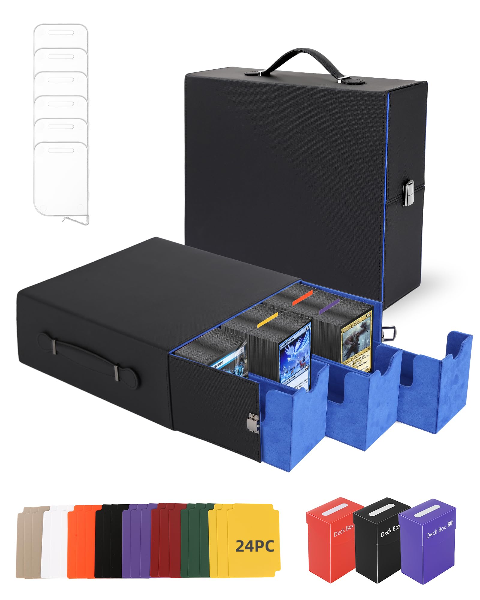 Heypappy Deck box 2400+ Boîte à Cartes,Boîte de Rangement Cartes, Similicuir PU - 3 Étuis PP, Poignée, 24 Intercalaires Colorées + 6 Séparateurs - Compatible MTG, Sports (Noir & Bleu)