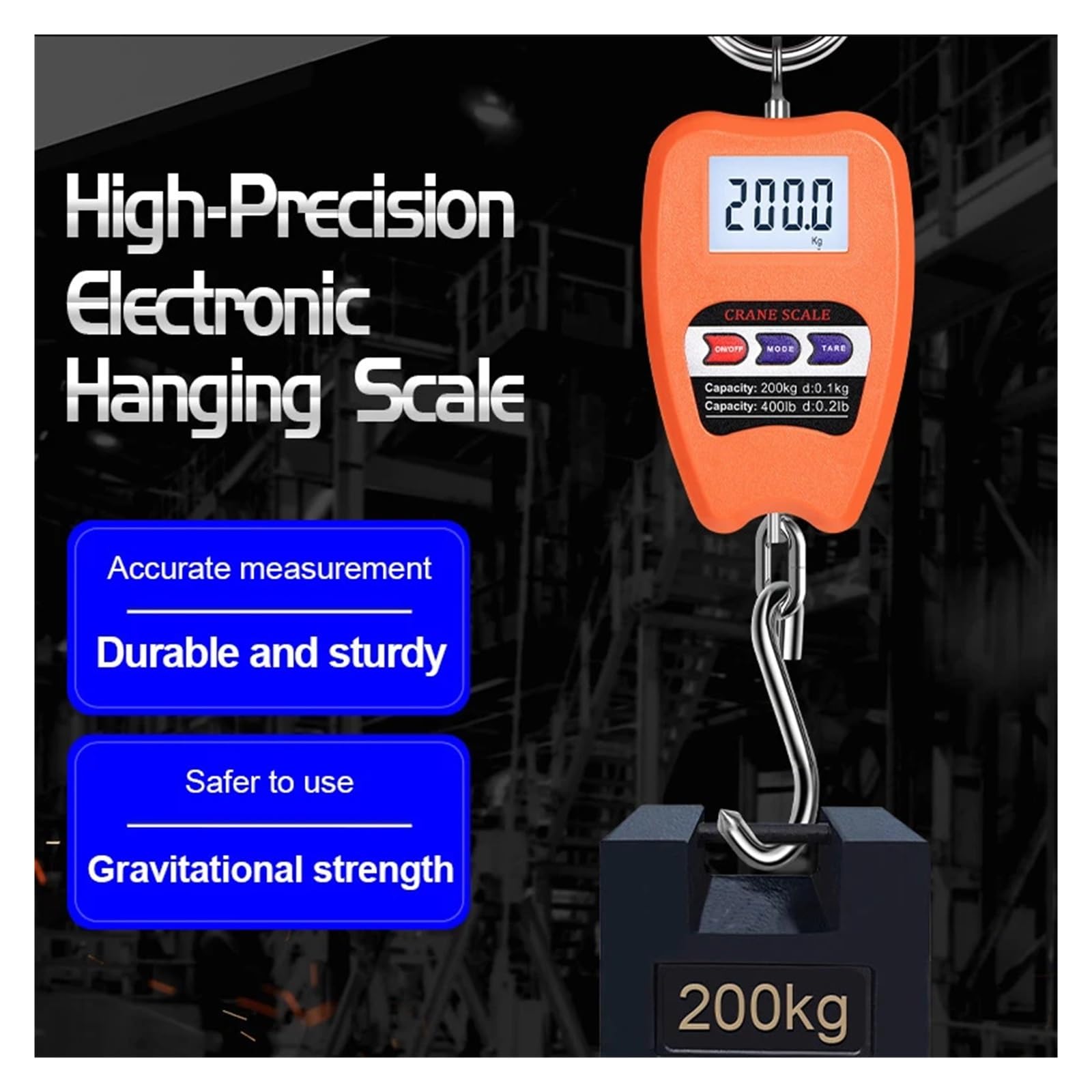 200kg ręczna elektroniczna waga wisząca haki przenośna bagażowa dla Garage Farm(Black)